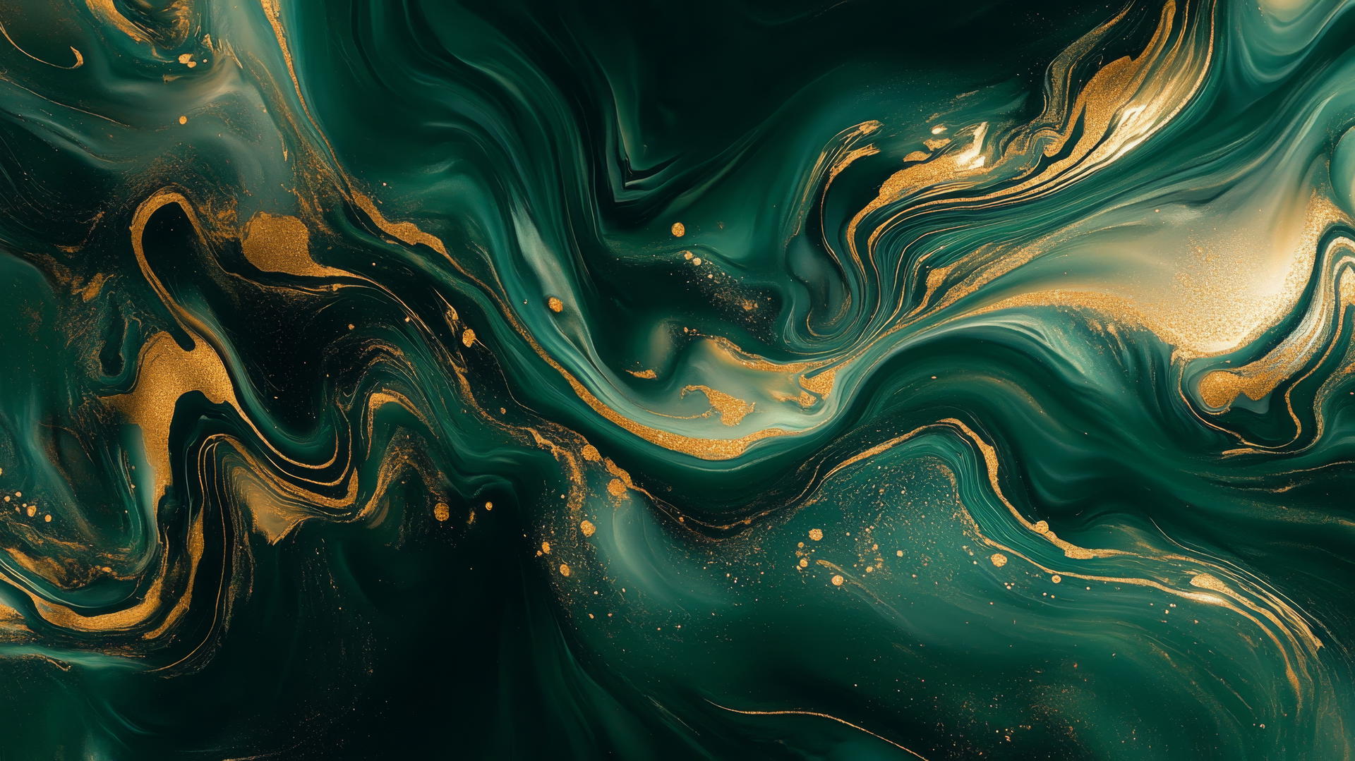 Aesthetic green wallpaper with fluid marble-like swirls in green and gold