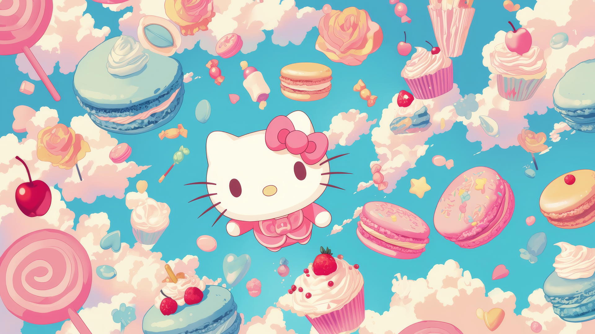 Cute Hello Kitty wallpaper with macarons, cupcakes, and candies in pastel colors.