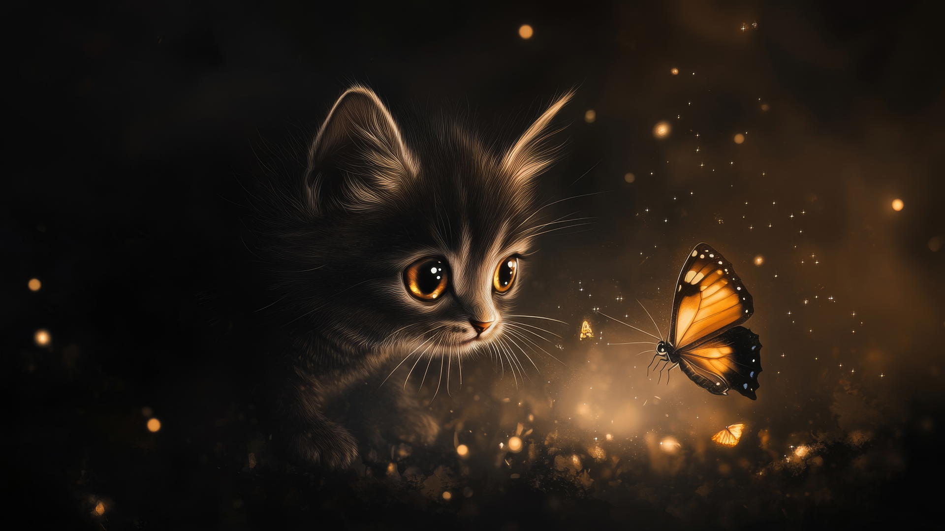 Black cute wallpaper with a tiny cartoon kitten chasing a butterfly on a dark background