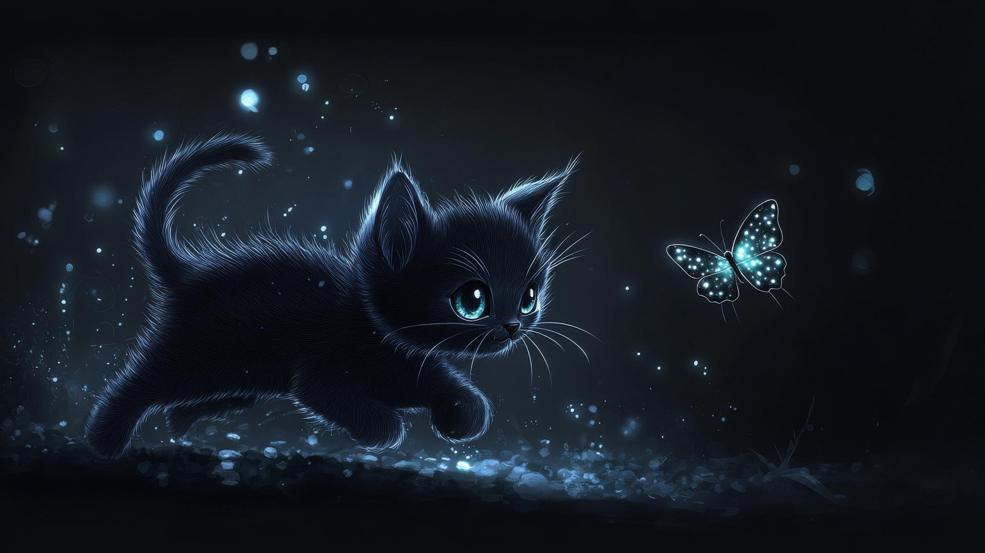 black cute wallpaper with a tiny cartoon kitten with glowing eyes chasing a butterfly