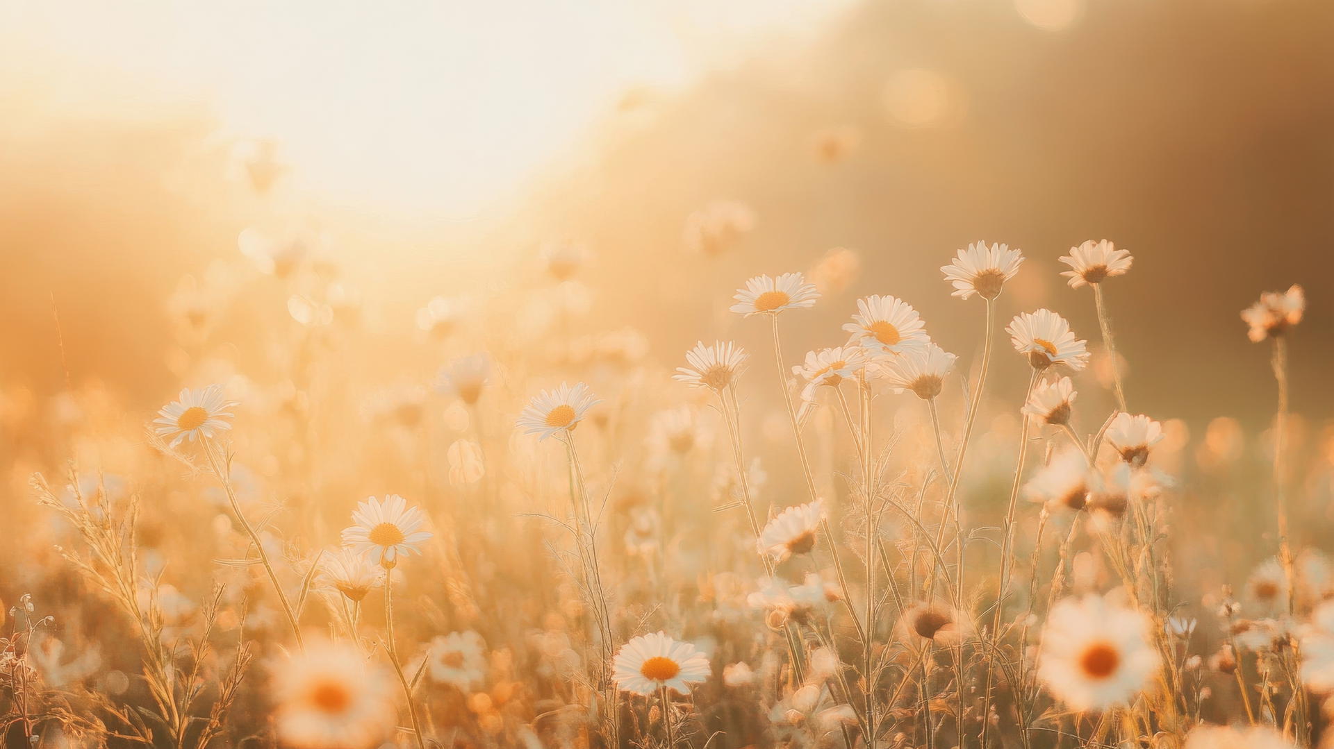 Vintage nature aesthetic wallpaper with wildflowers under golden hour sky