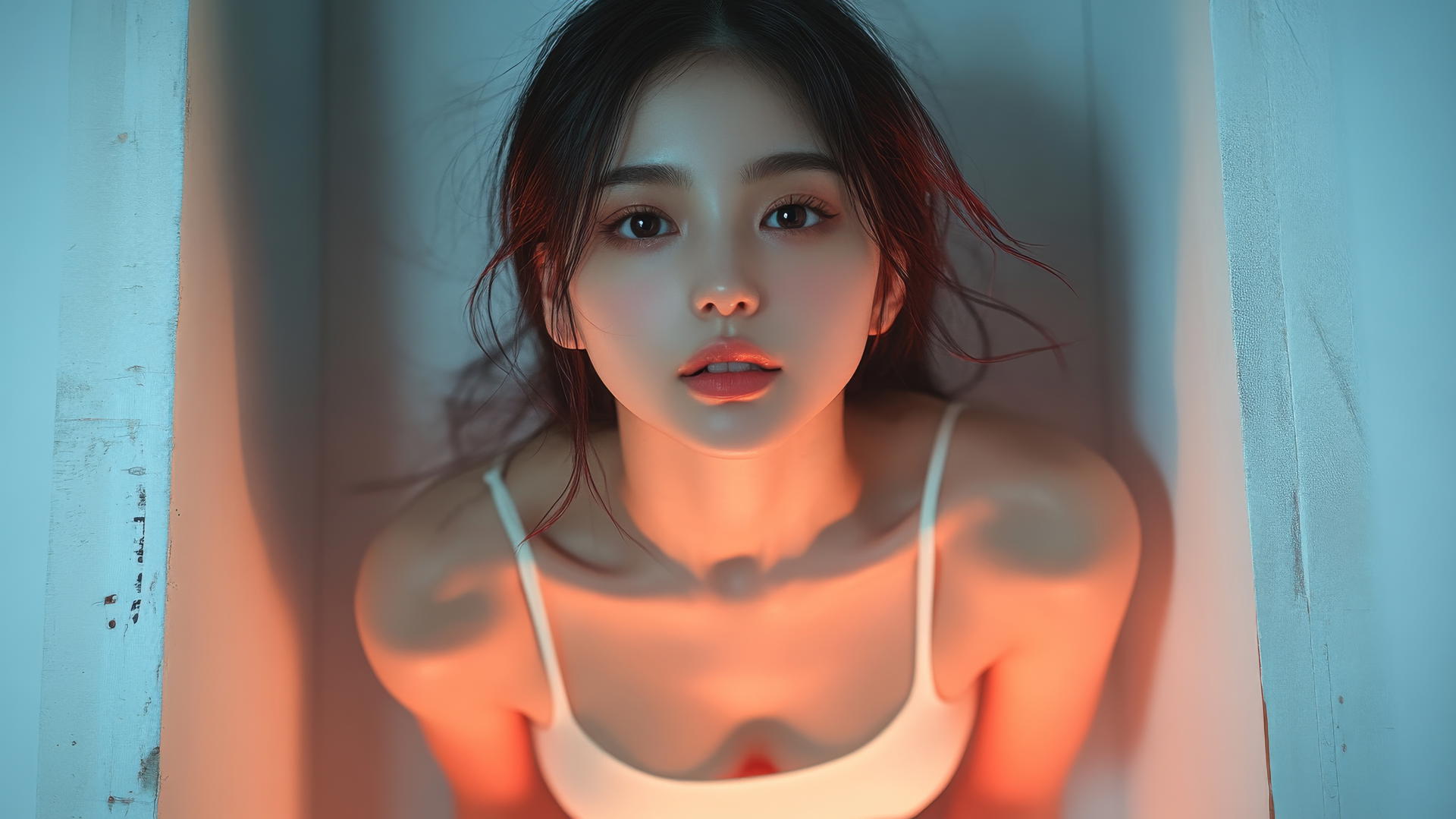 Low angle view of a smiling quiet Asian girl with smooth pink skin, kneeling with black socks and light on her legs.