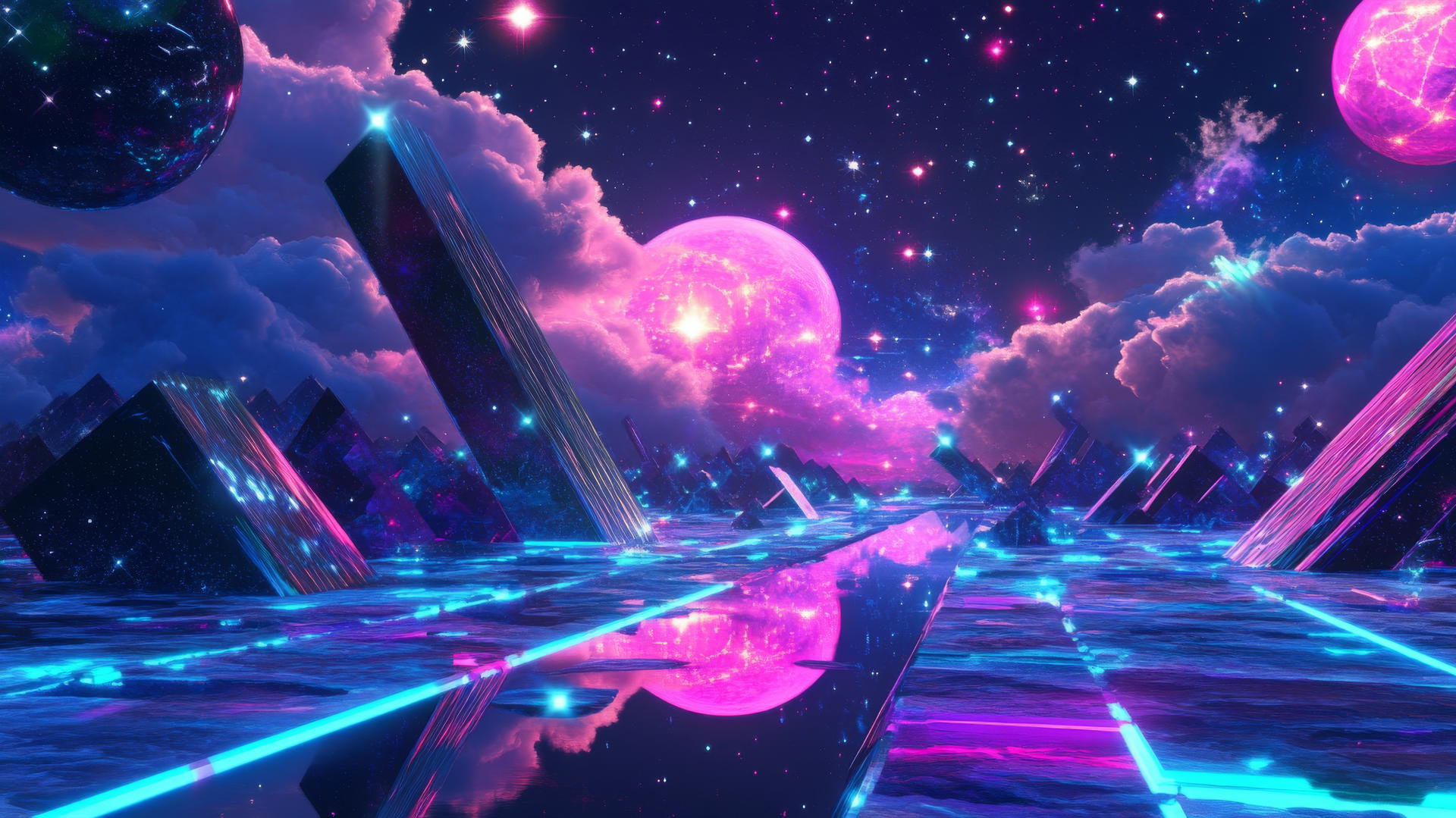 Y2K star wallpaper with neon stars, geometric shapes, and a holographic sky