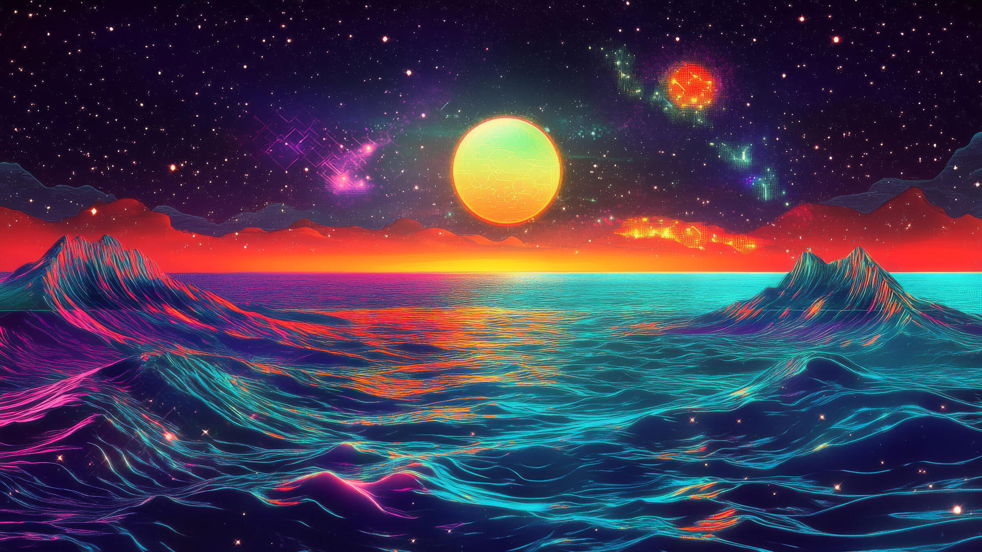 cyber y2k wallpaper with neon waves, digital fish, pixelated moon, holographic sky