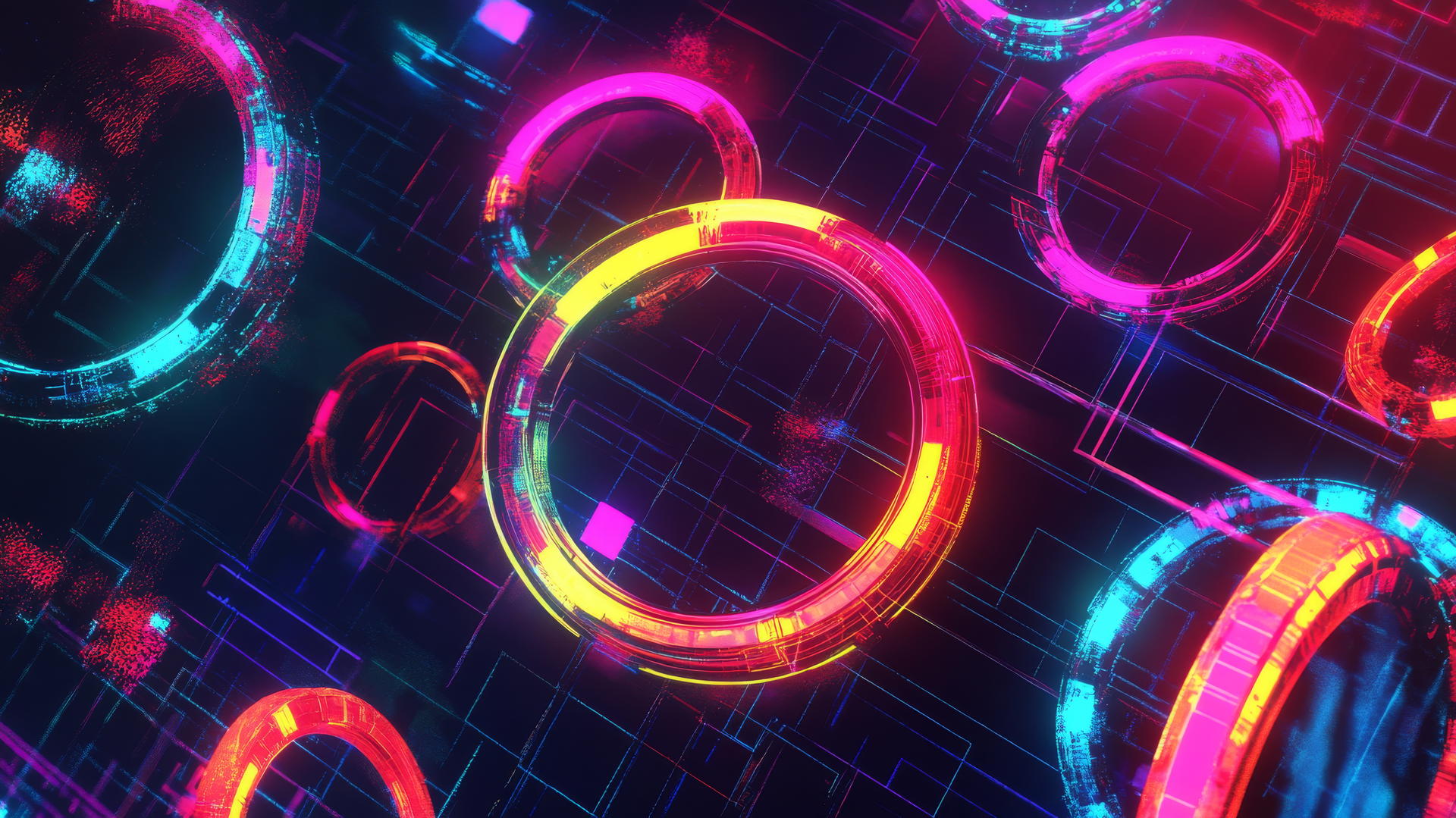 wallpaper y2k with neon rings and glitchy geometric shapes on a digital grid background