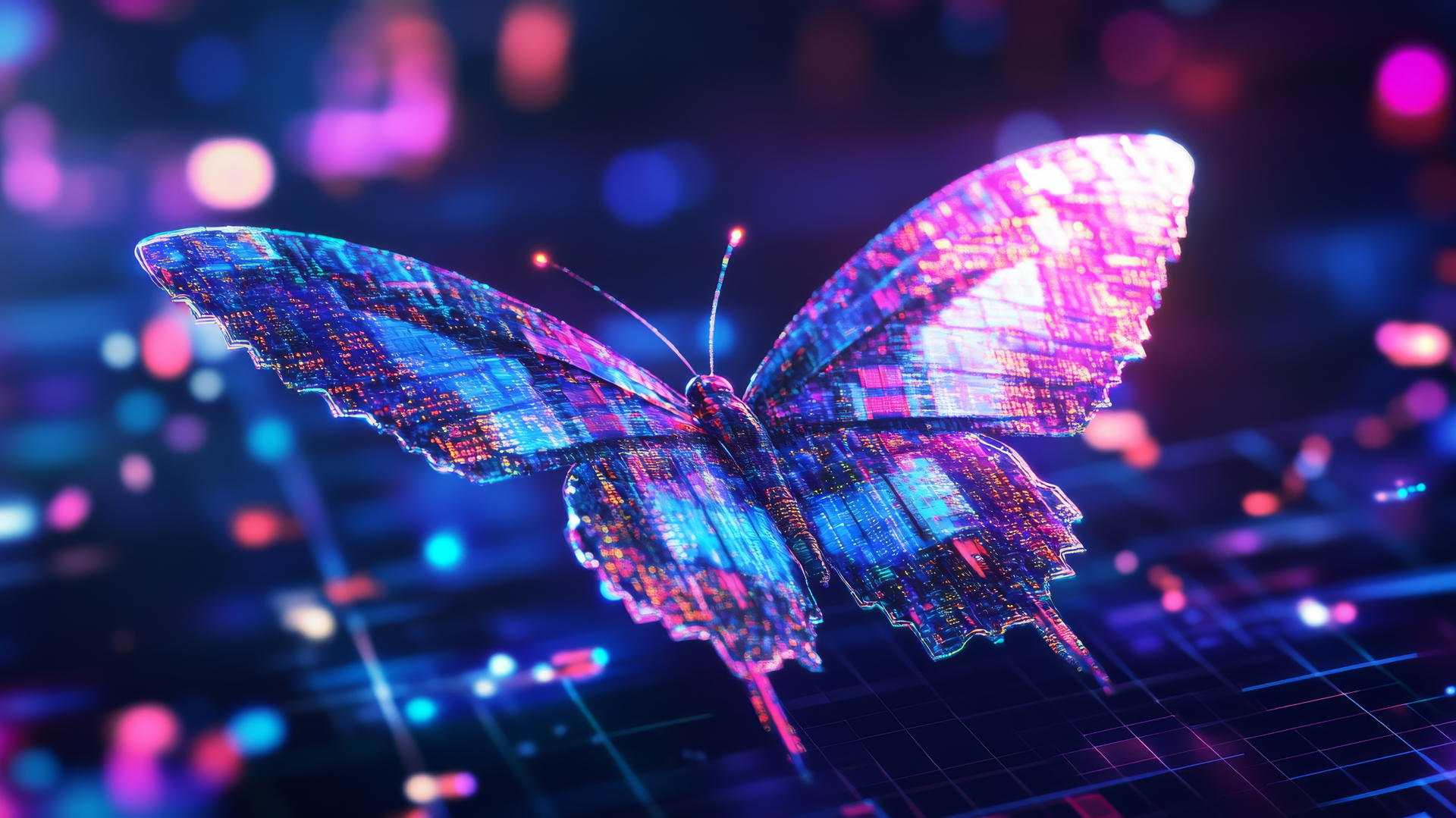 wallpaper y2k with digital butterfly, pixelated wings, glitchy pixels, and neon trails