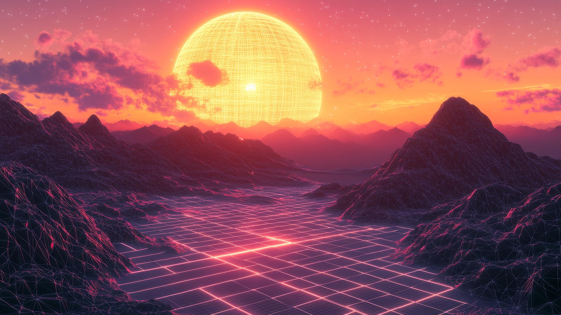 Y2K wallpaper with a digital landscape of virtual reality, wireframe mountains, glowing grid floor, and setting sun.