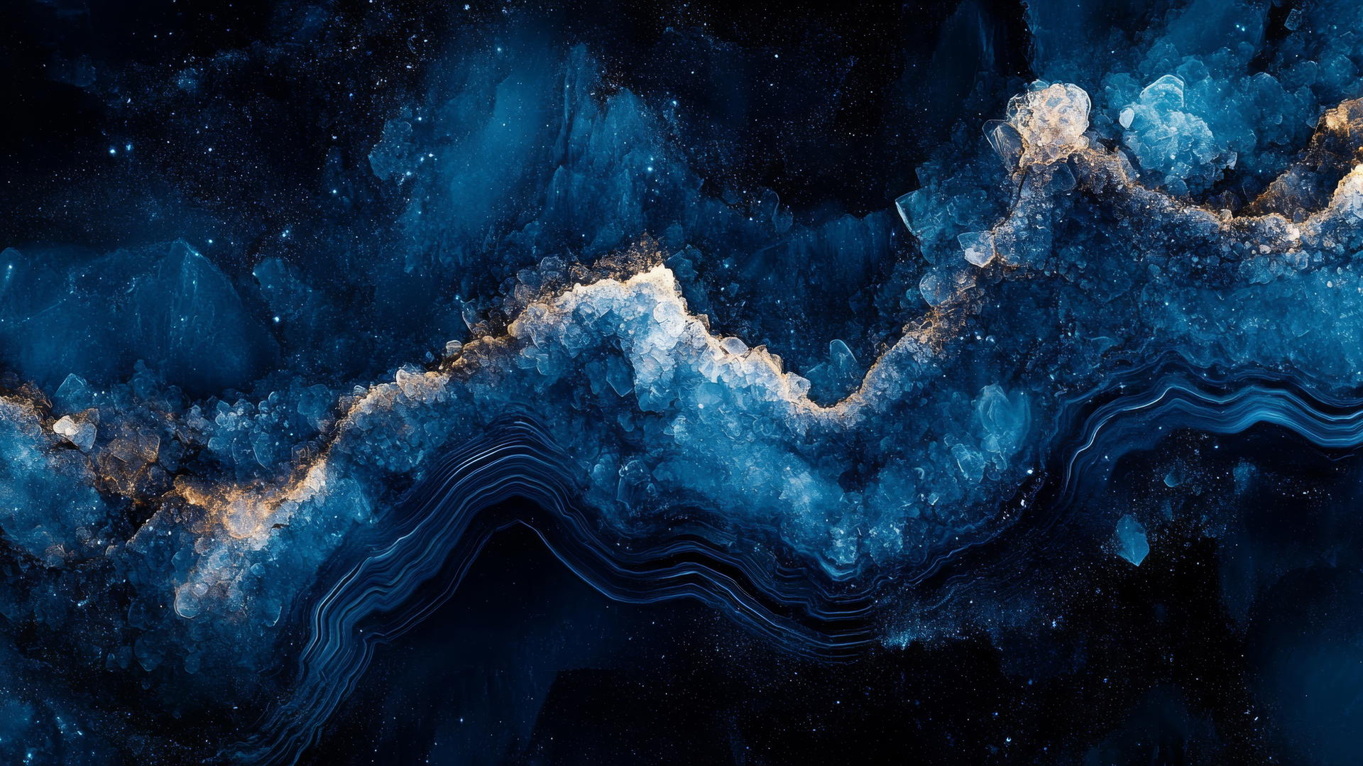 Navy blue wallpaper with abstract geode design featuring deep blue crystals and shimmering highlights