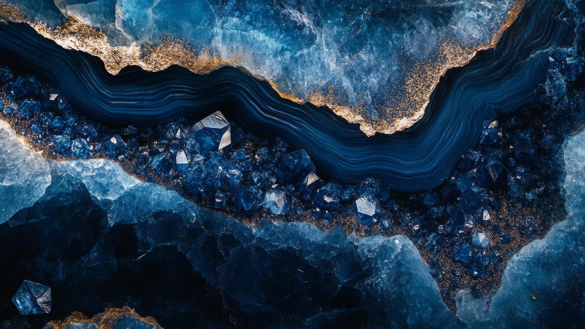 Navy blue wallpaper with abstract geode design and shimmering highlights