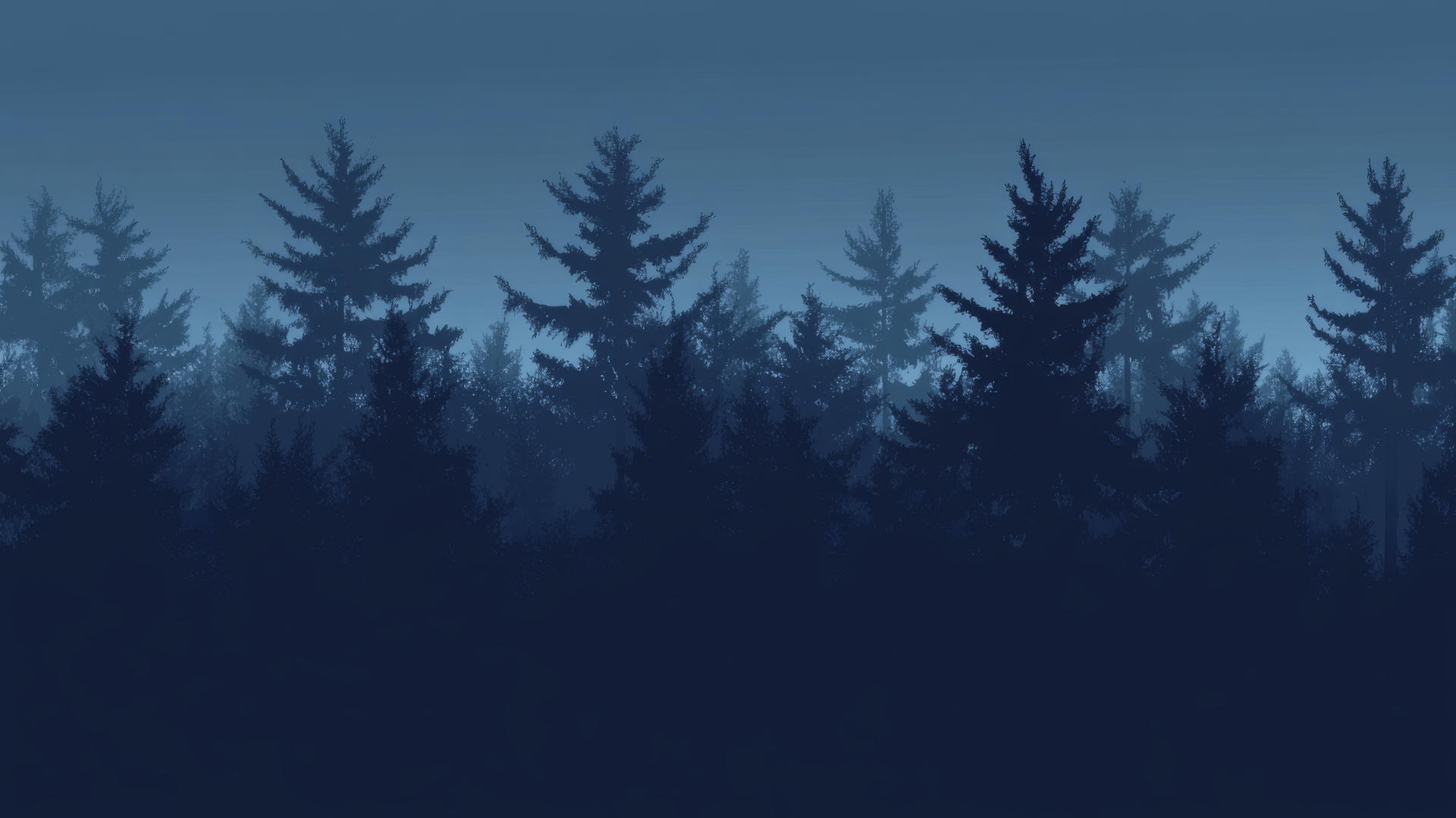 navy blue wallpaper with silhouettes of a dense forest at dusk.