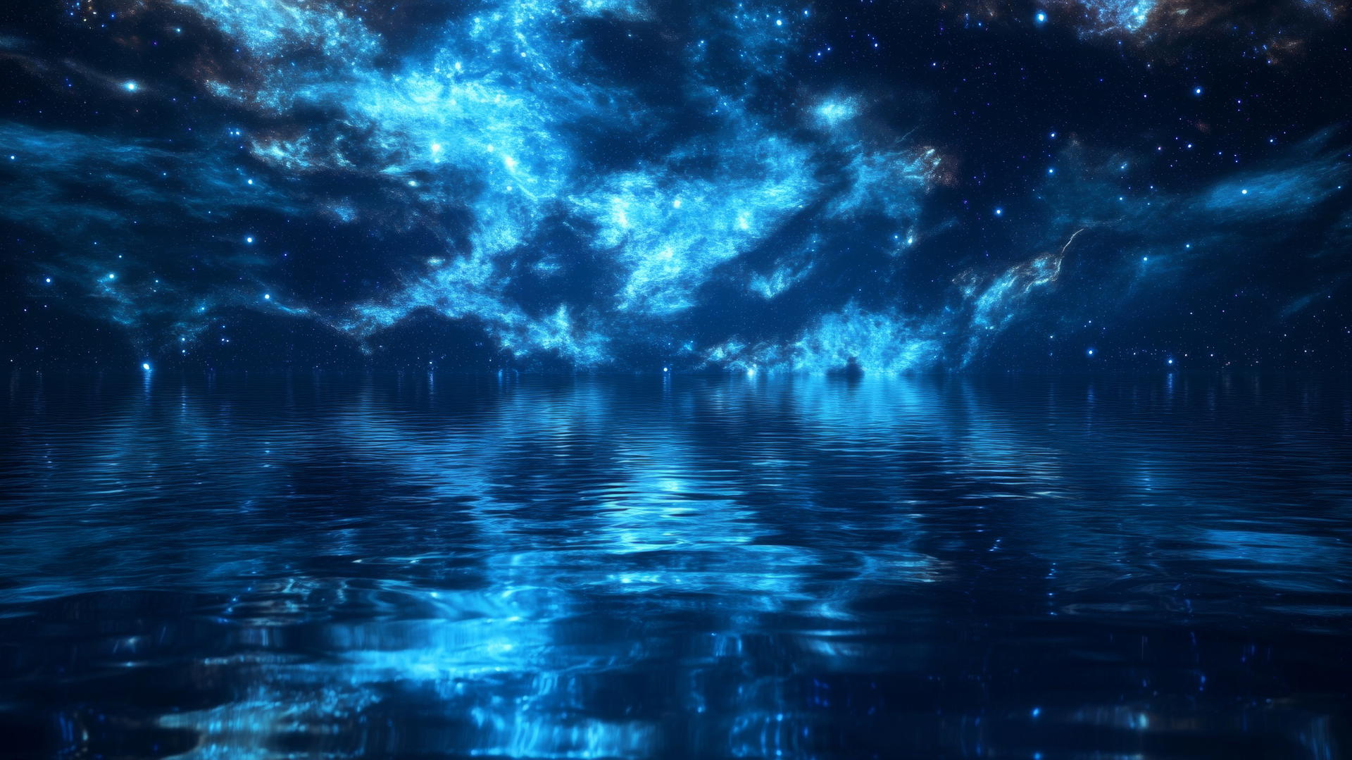 Dark blue aesthetic wallpaper with galaxy reflections in water