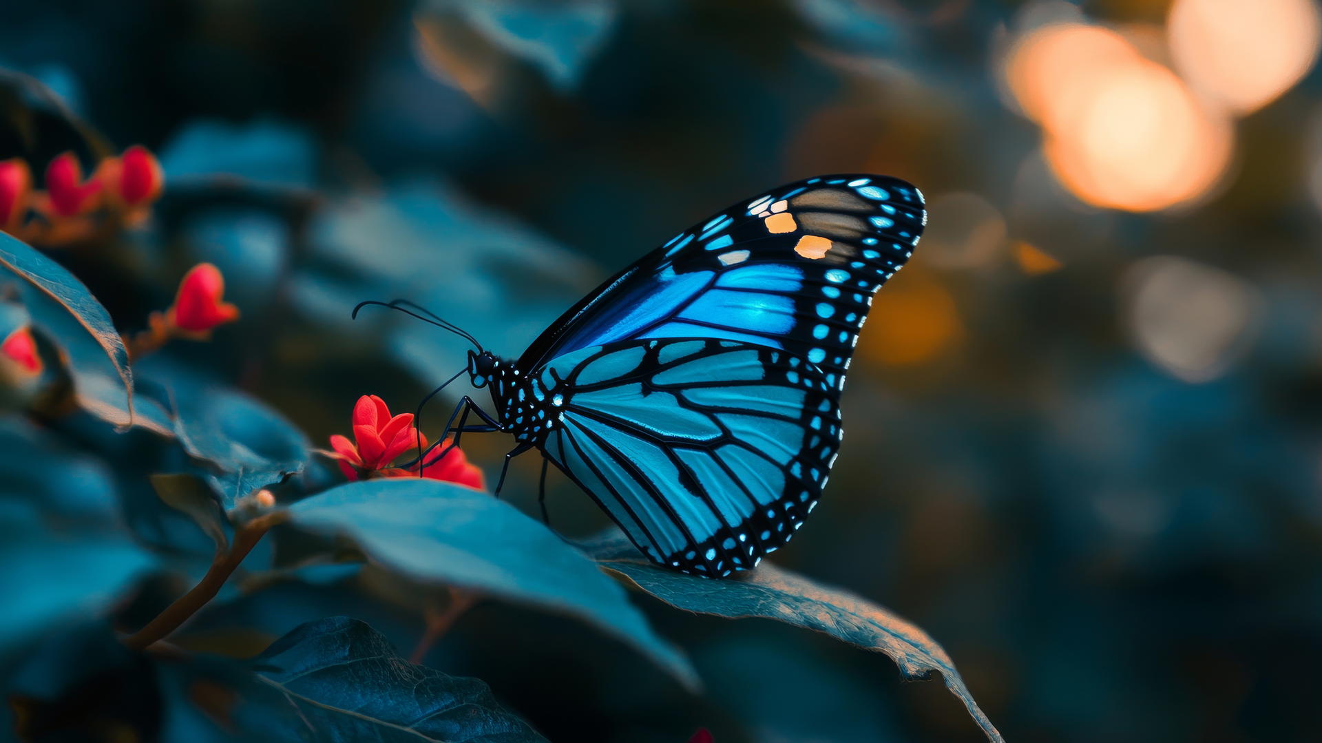 Blue butterfly wallpaper with intricate patterns on a leaf