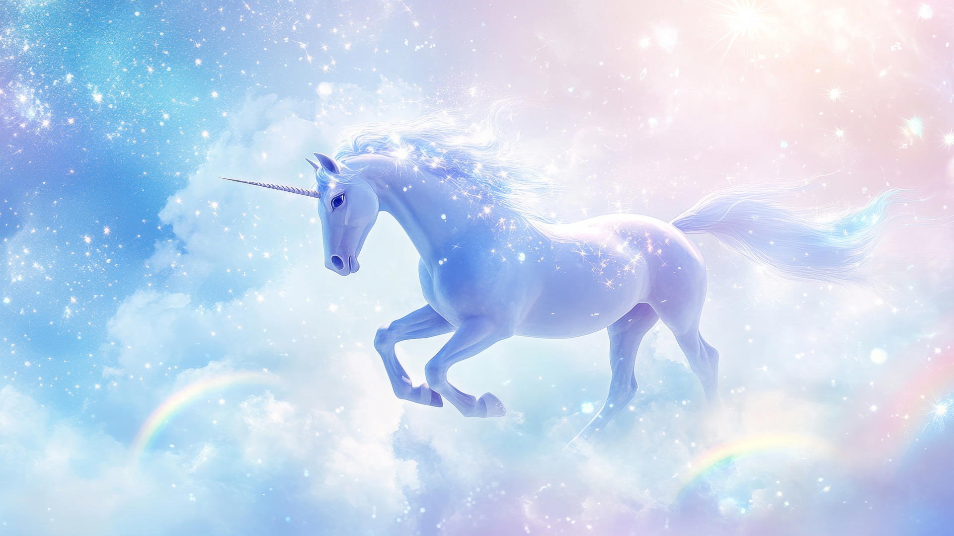 cute blue wallpaper with dreamy unicorns, stars, and rainbows