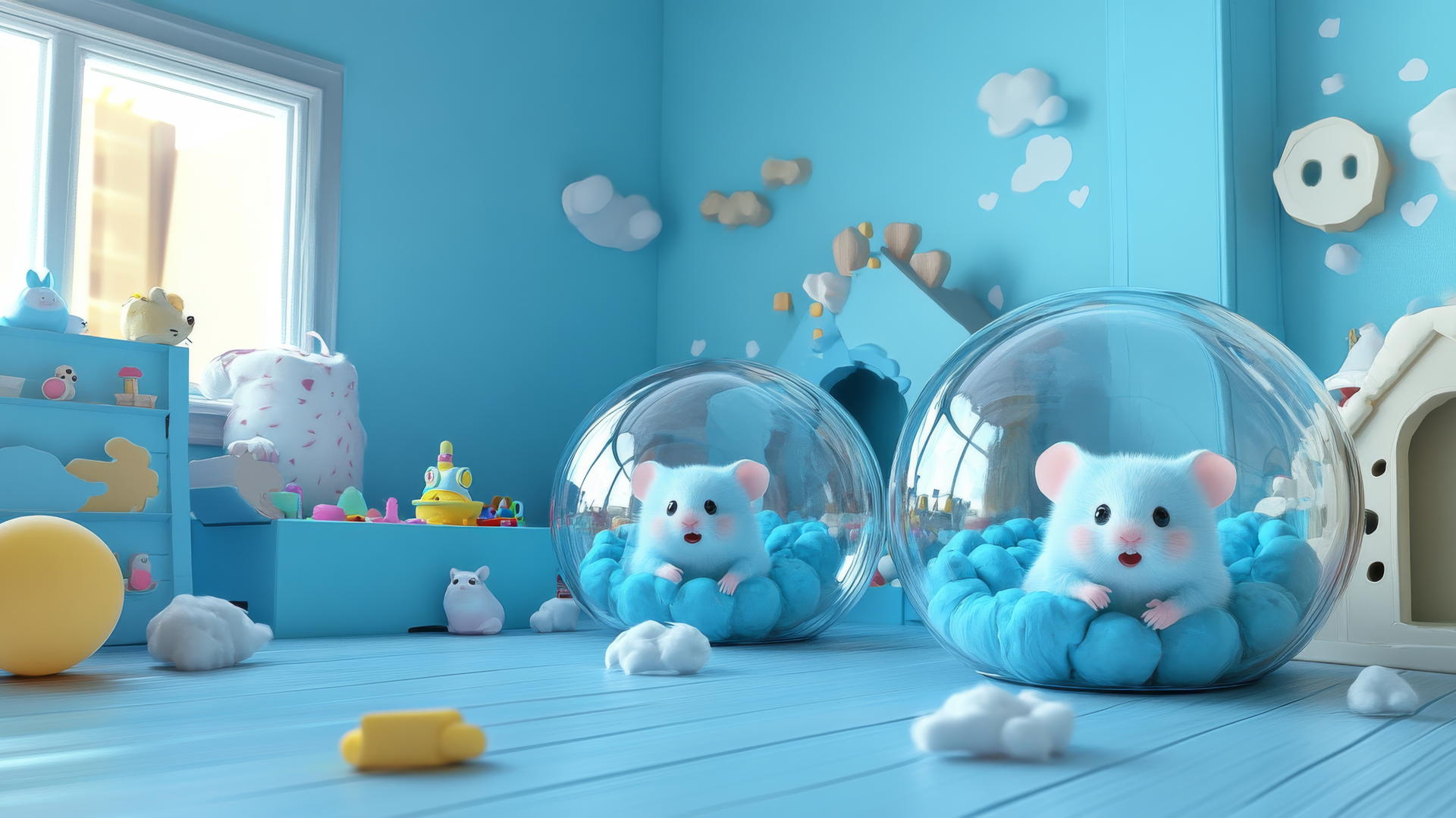 cute blue wallpaper with adorable hamsters in transparent balls in a pastel blue playroom