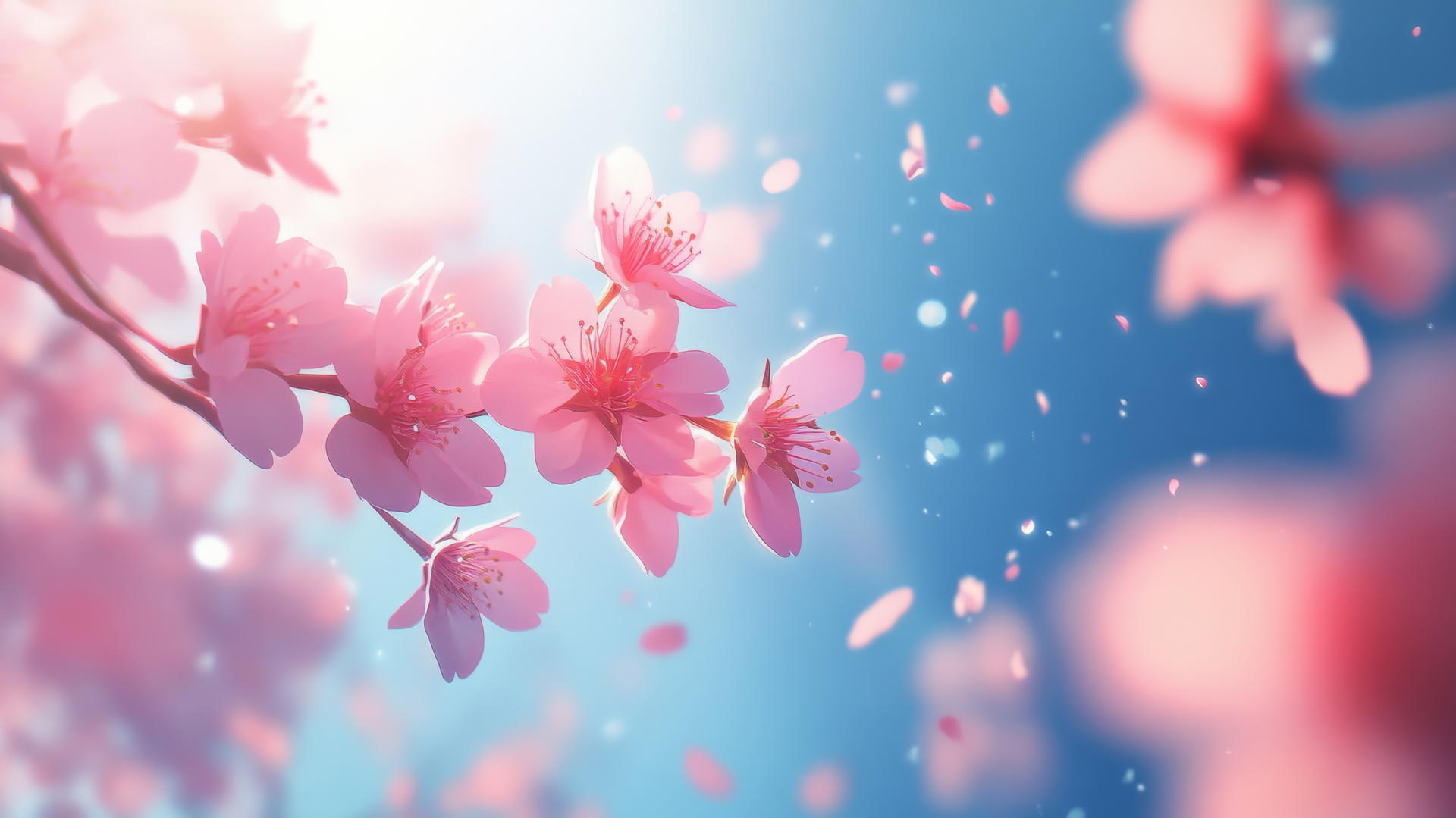 pink and blue wallpaper with delicate pink cherry blossoms against a bright blue sky