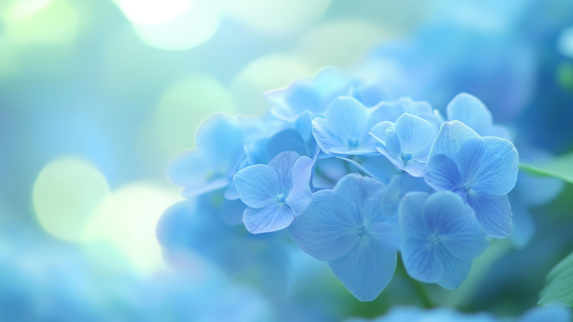 Cluster of blue hydrangea flowers glowing against a blurred garden background, blue flower wallpaper