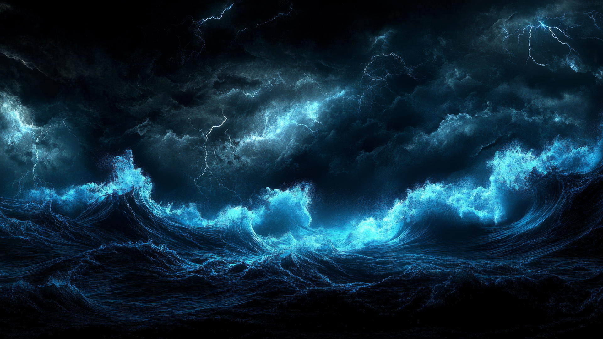 black and blue wallpaper with dramatic ocean waves, dark stormy sky, and distant lightning