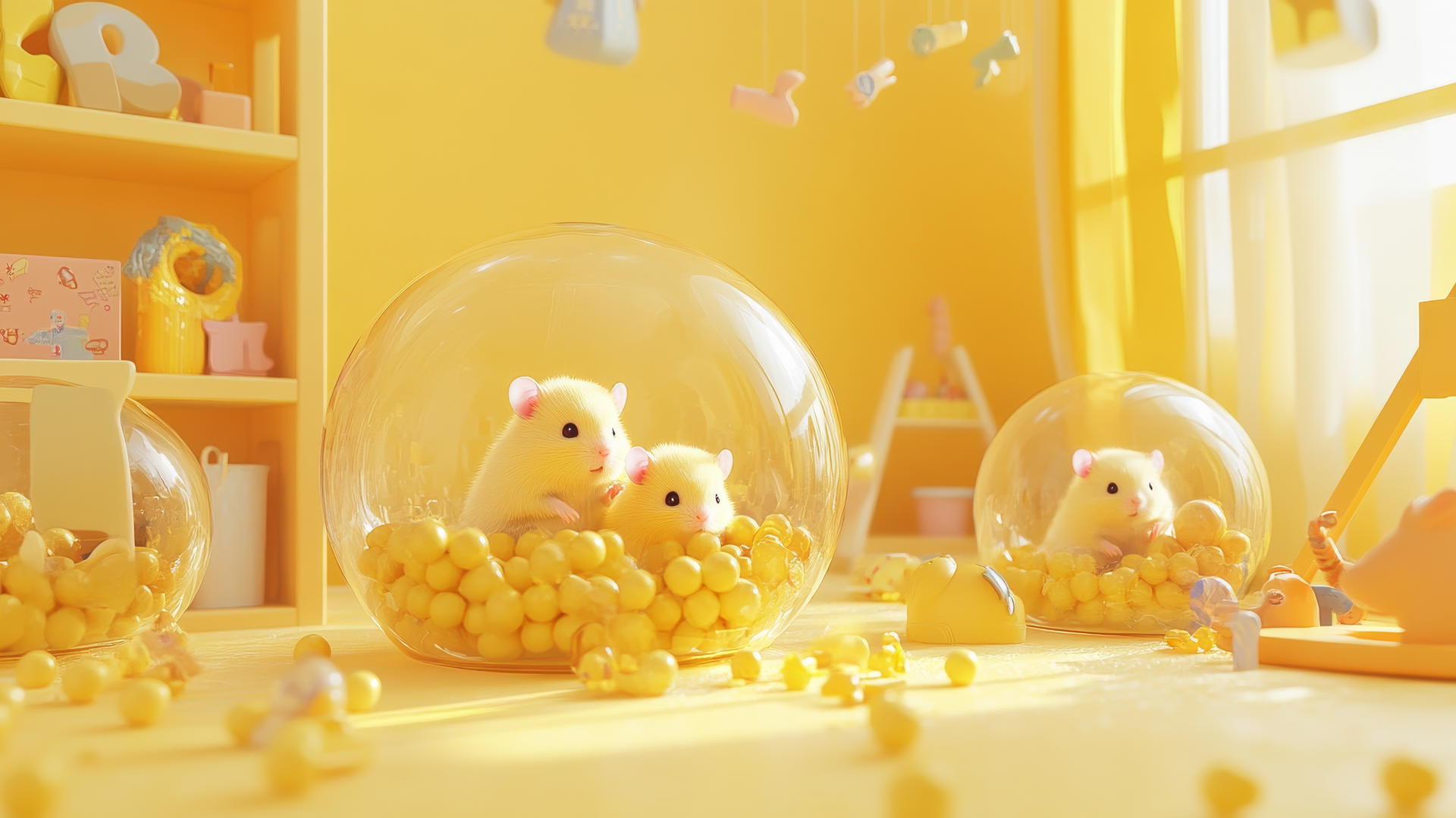 Cute yellow wallpaper with adorable hamsters in transparent balls in a yellow playroom