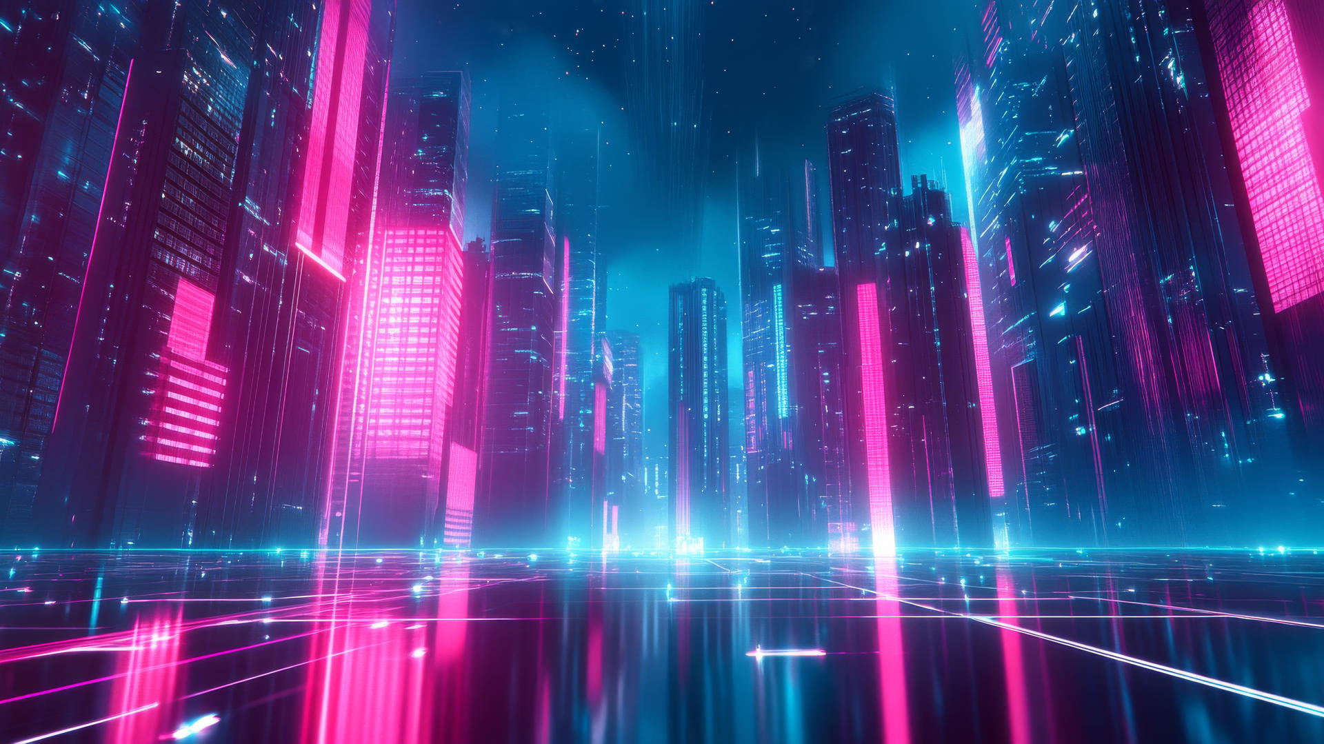 pink and blue wallpaper featuring modern cityscape with neon lights