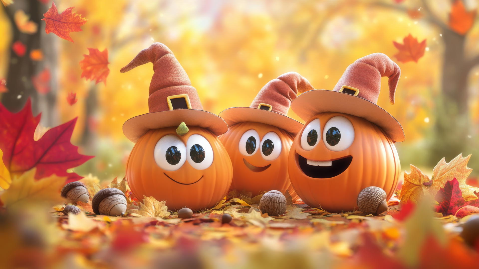 cute thanksgiving wallpaper with smiling pumpkins in pilgrim hats