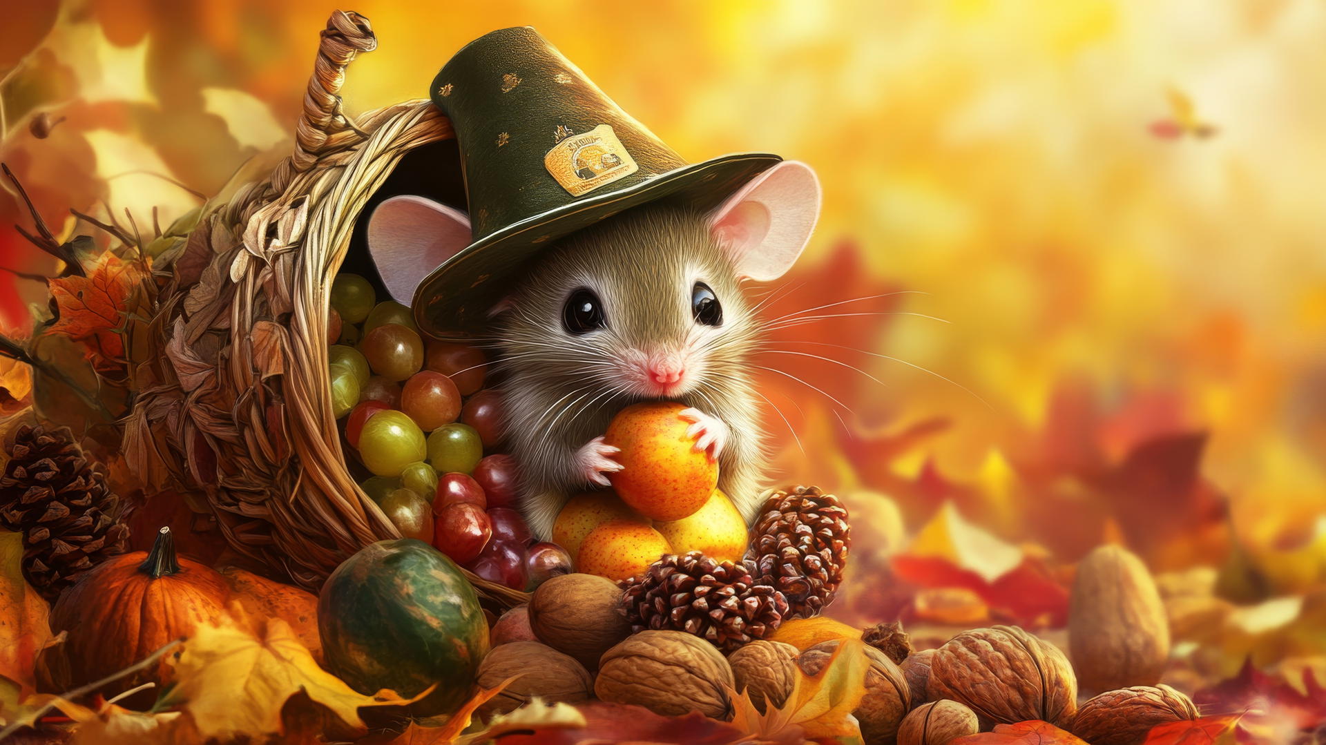 Cute Thanksgiving wallpaper with a little mouse holding a cornucopia.