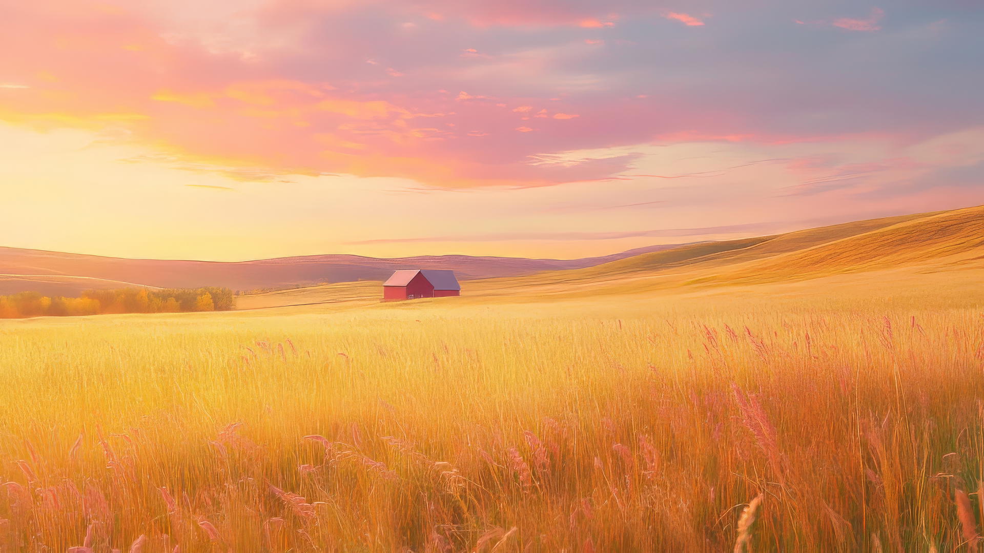 thanksgiving aesthetic wallpaper with serene landscape of open field, swaying grasses, distant red barn, soft orange and pink sky