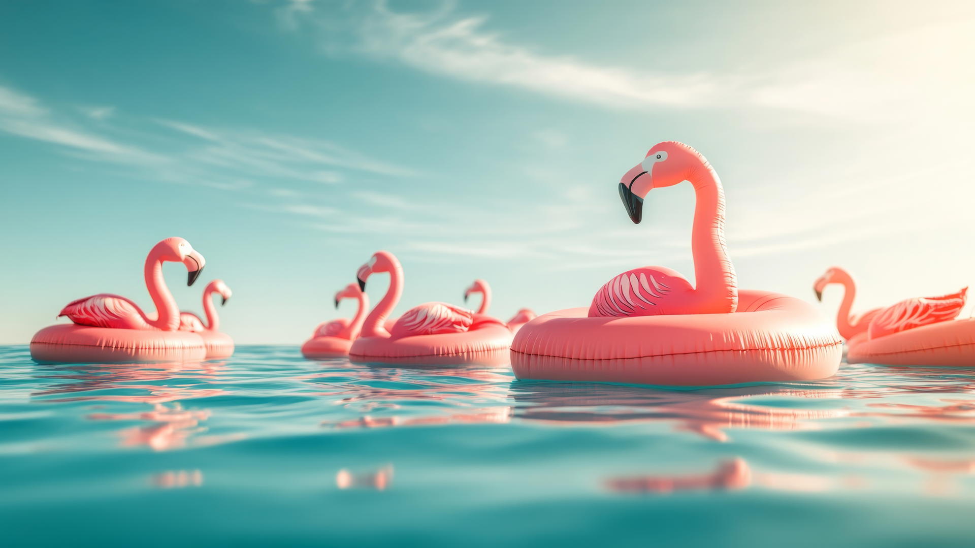 cute summer wallpaper with inflatable flamingo floaties in a calm pool