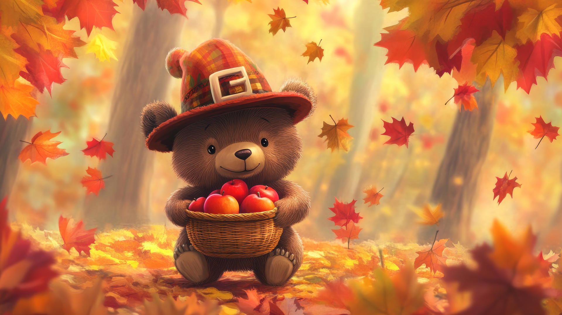 thanksgiving wallpaper cute cartoon bear pilgrim hat, basket of apples, colorful falling leaves