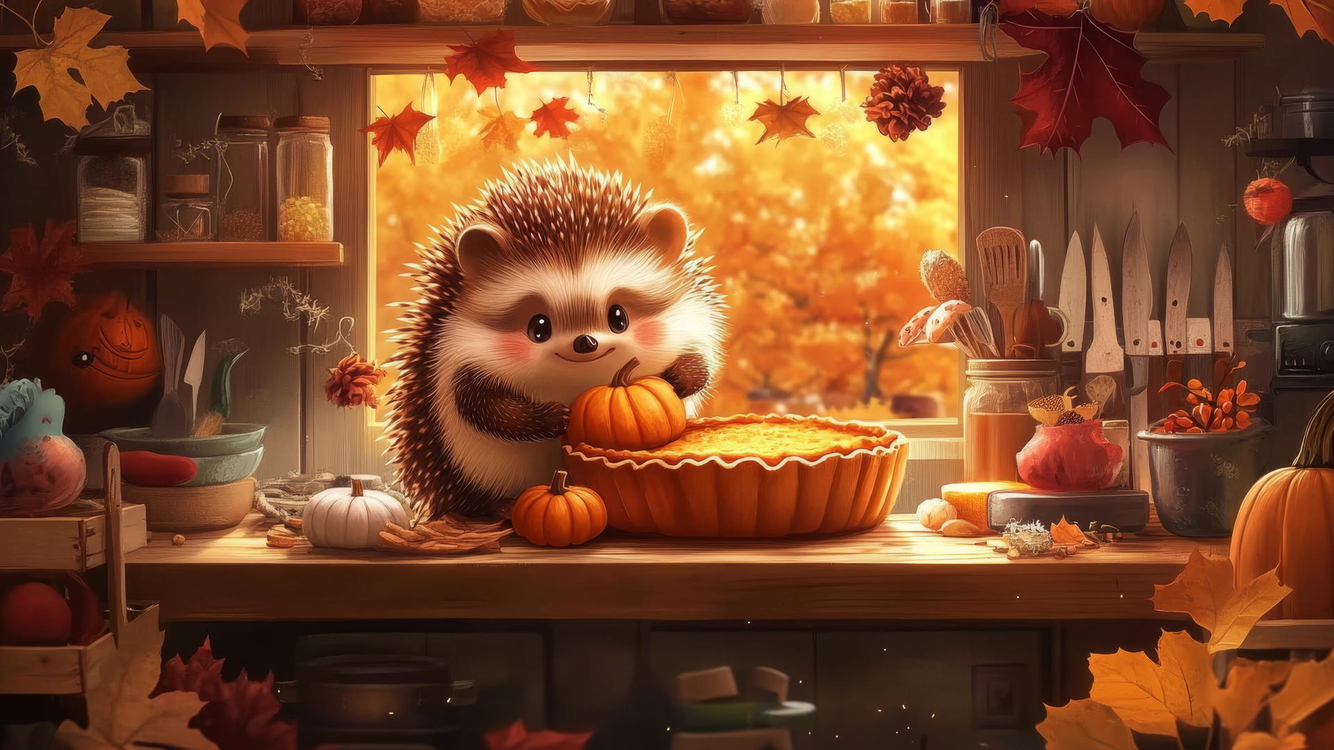 thanksgiving wallpaper cute with a happy hedgehog baking a pumpkin pie in a tiny kitchen