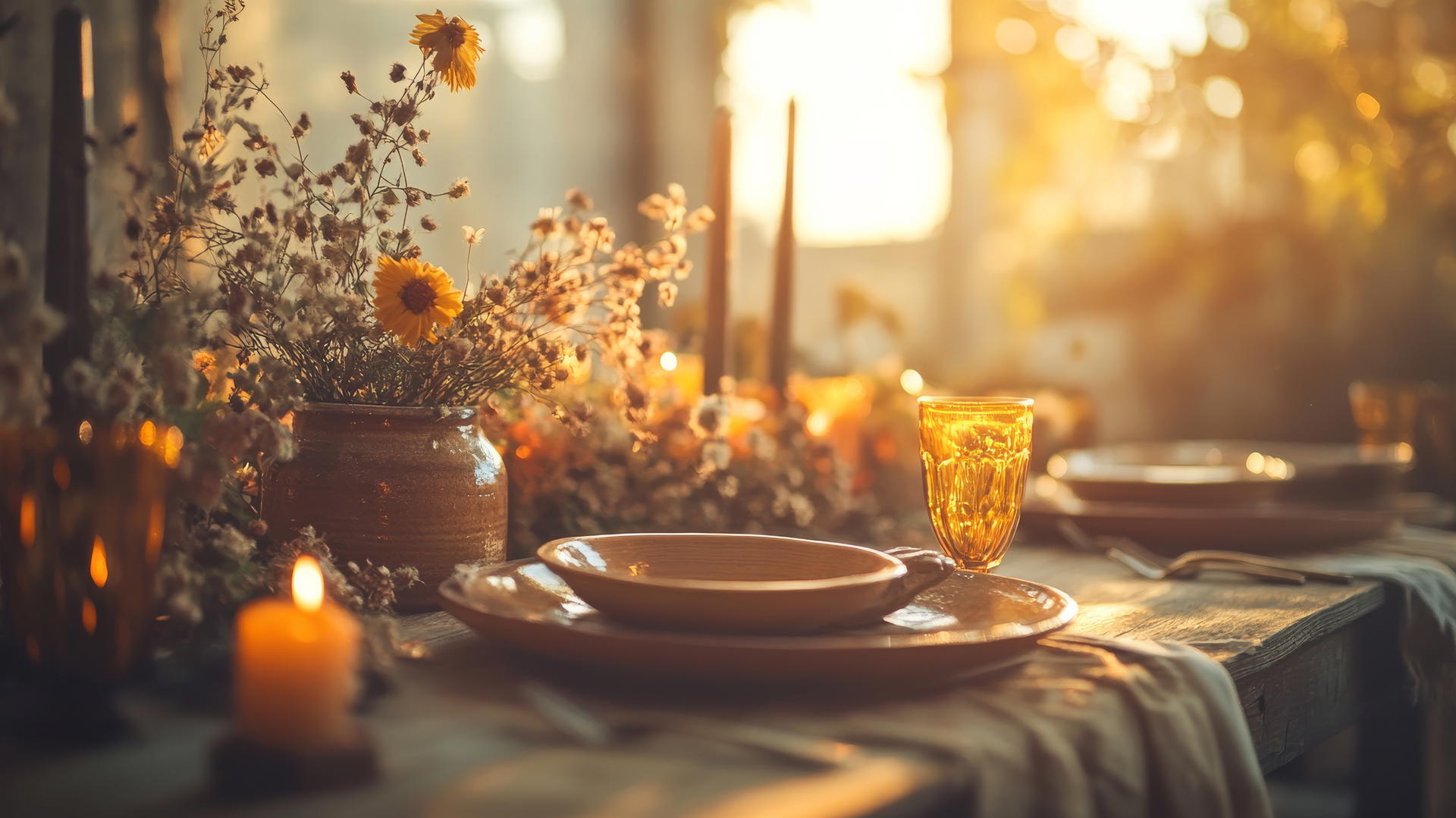 Thanksgiving wallpaper aesthetic with rustic table setting, handcrafted plates, dried flowers, amber candles
