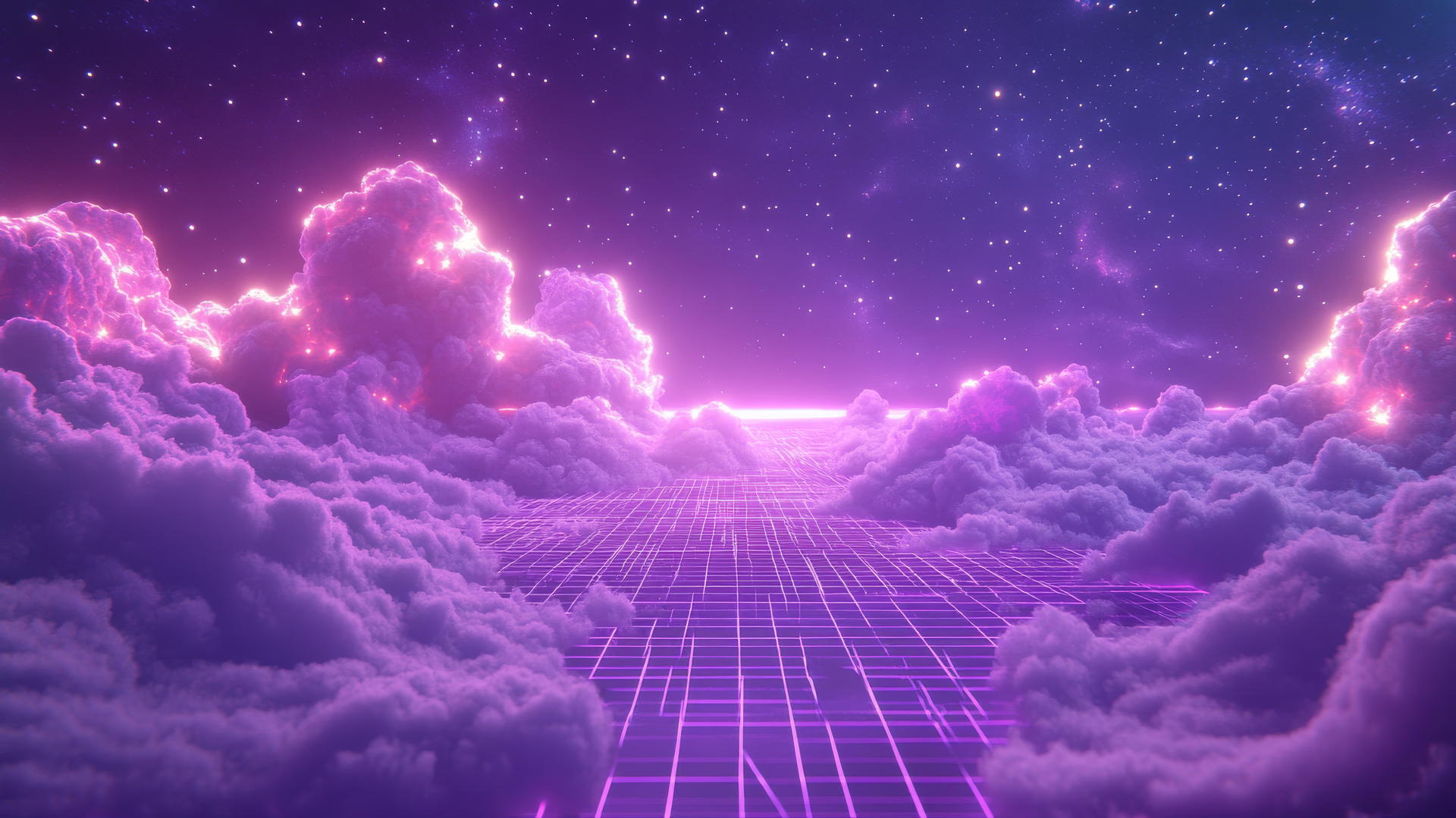 Aesthetic purple wallpaper with holographic shapes, neon accents, and metallic grid