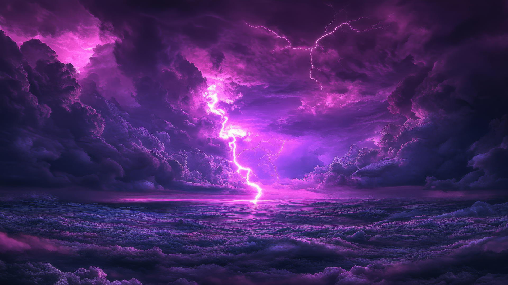 wallpaper purple 4k with storm clouds, lightning, and glowing horizon