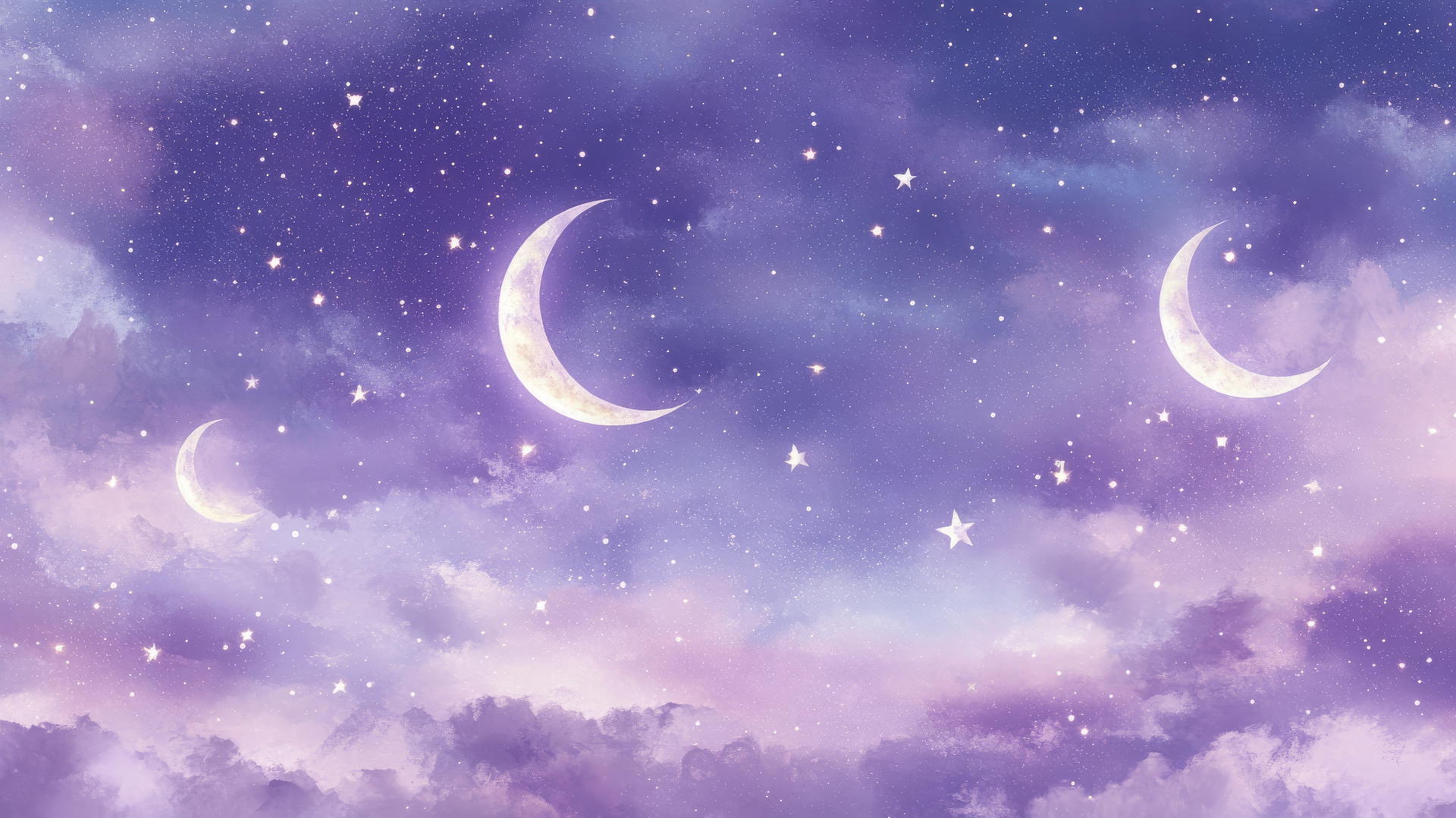 light purple wallpaper with crescent moons and stars on a lavender sky