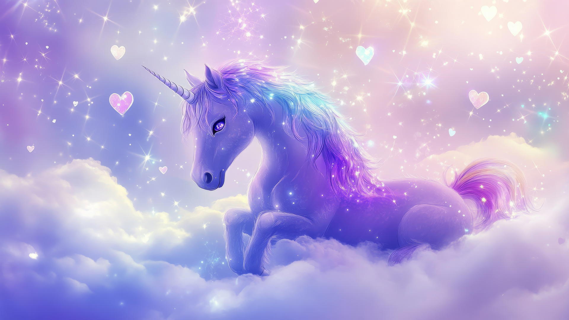 cute purple wallpaper with a unicorn on a cloud, rainbow mane, stars, and hearts