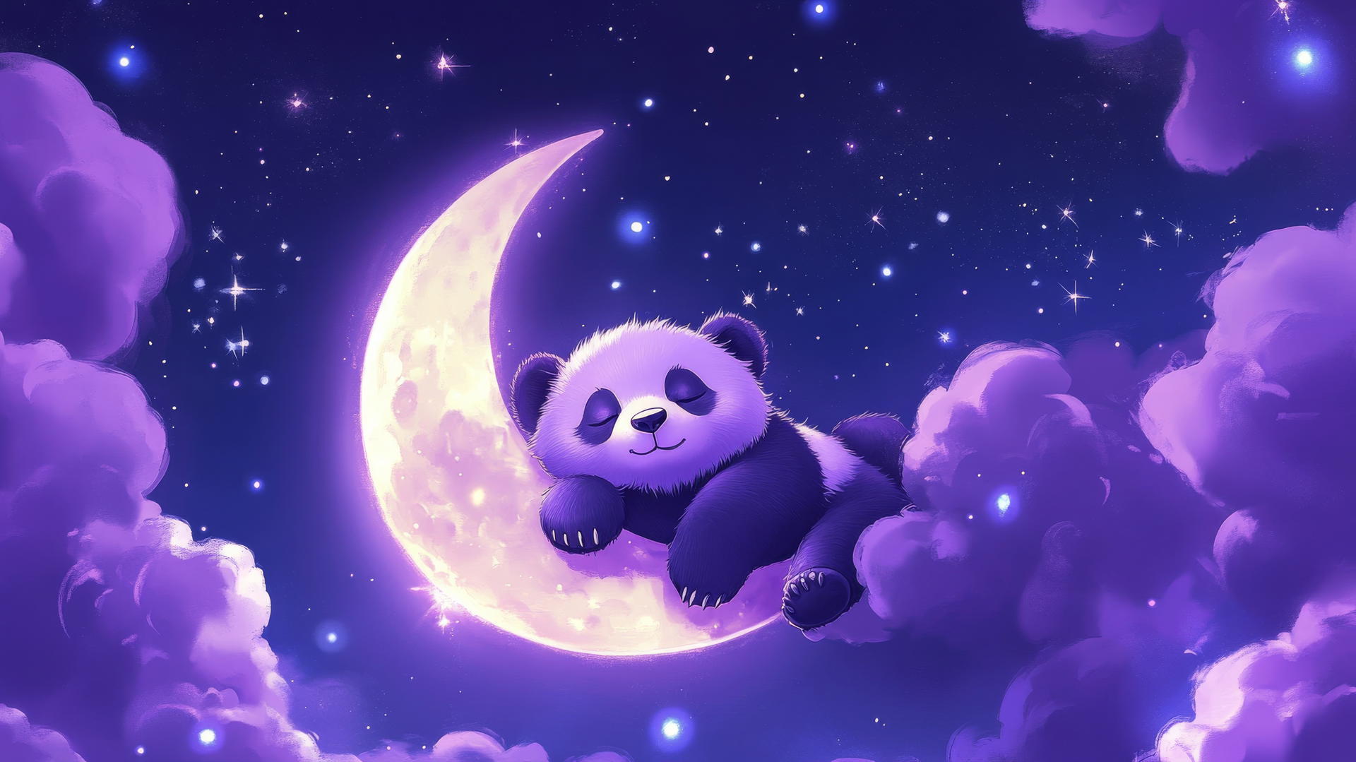 cute purple wallpaper with a sleepy panda on a crescent moon and glowing stars