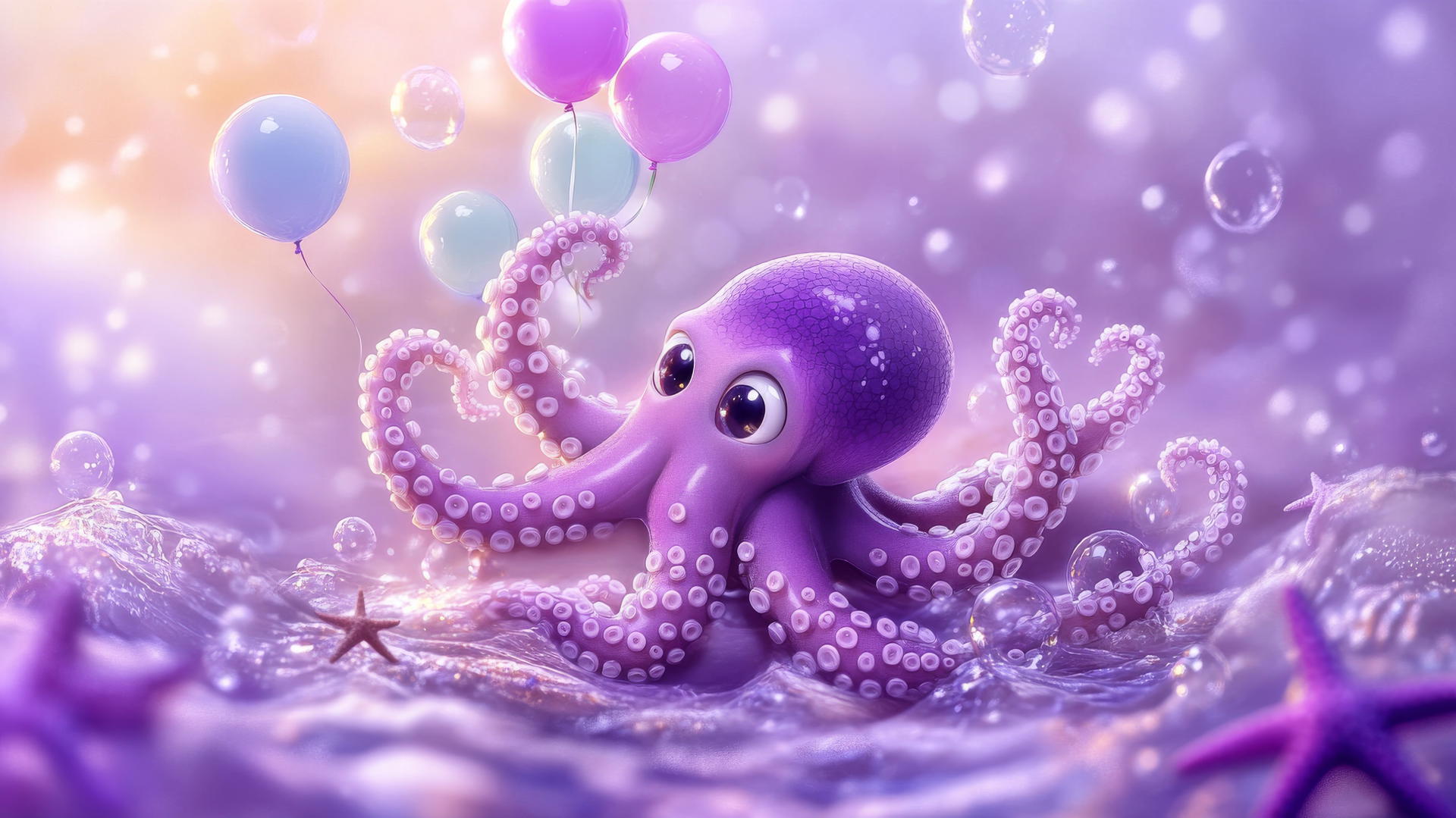 cute purple wallpaper with an adorable octopus holding pastel balloons amidst waves and starfish