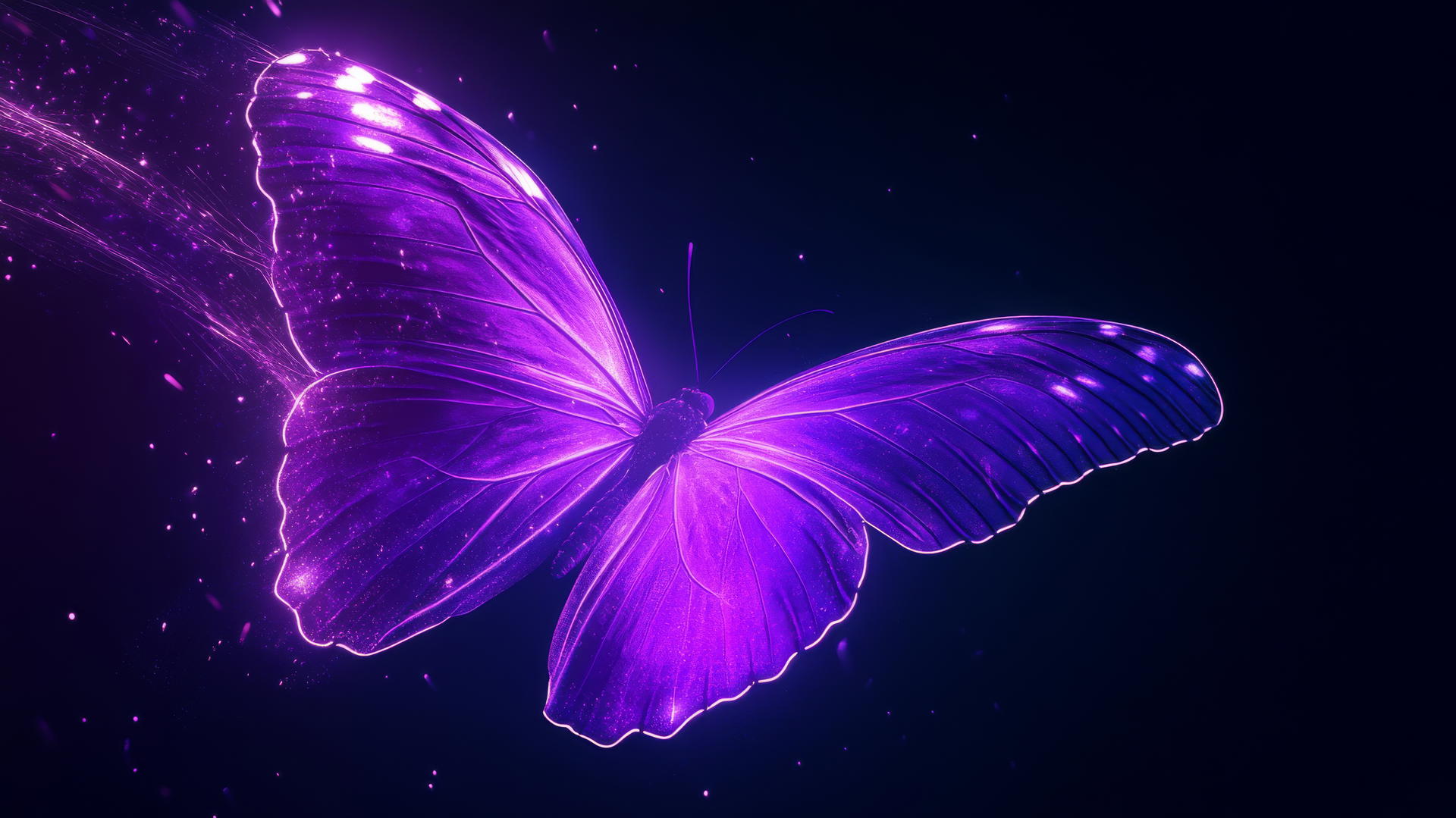neon purple butterfly with light trails and glowing sparkles on black background