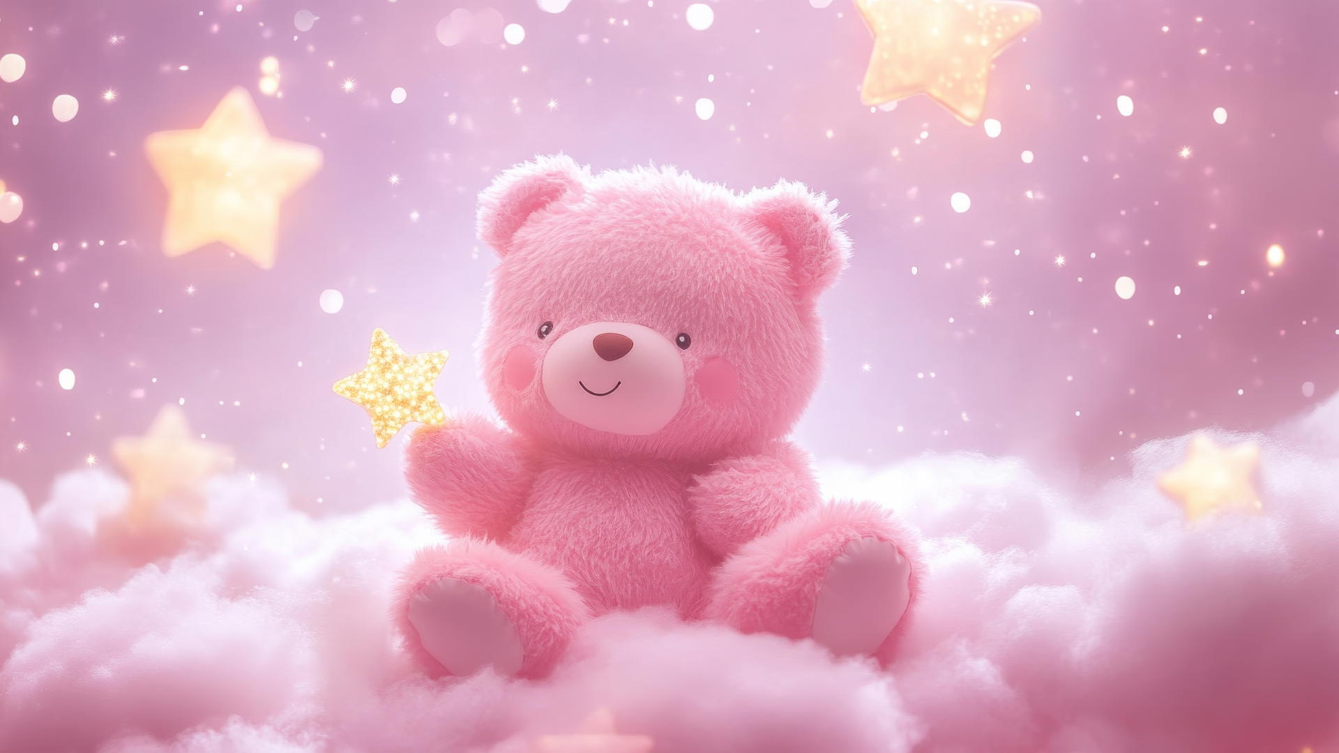 cute pink wallpaper with a kawaii bear holding a tiny star, floating on a fluffy pink cloud