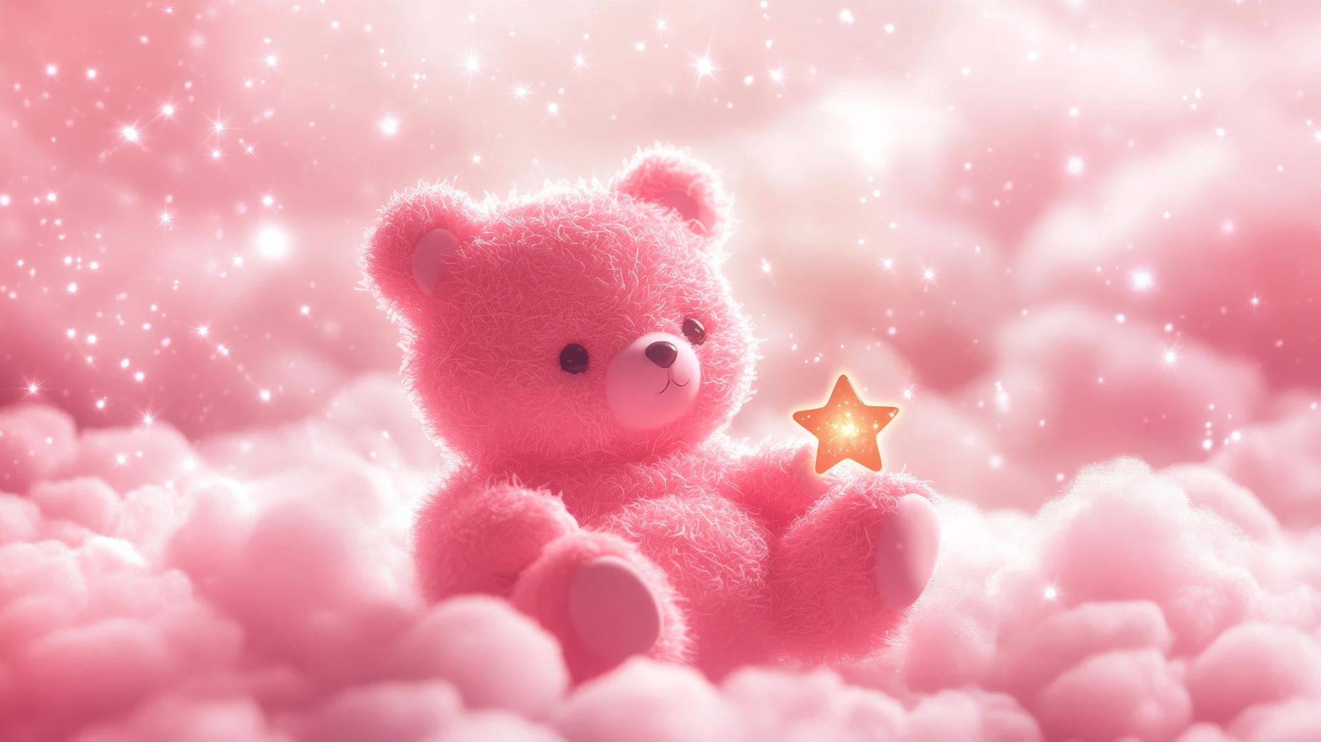 Cute pink wallpaper of a kawaii bear holding a star on a fluffy pink cloud with sparkles