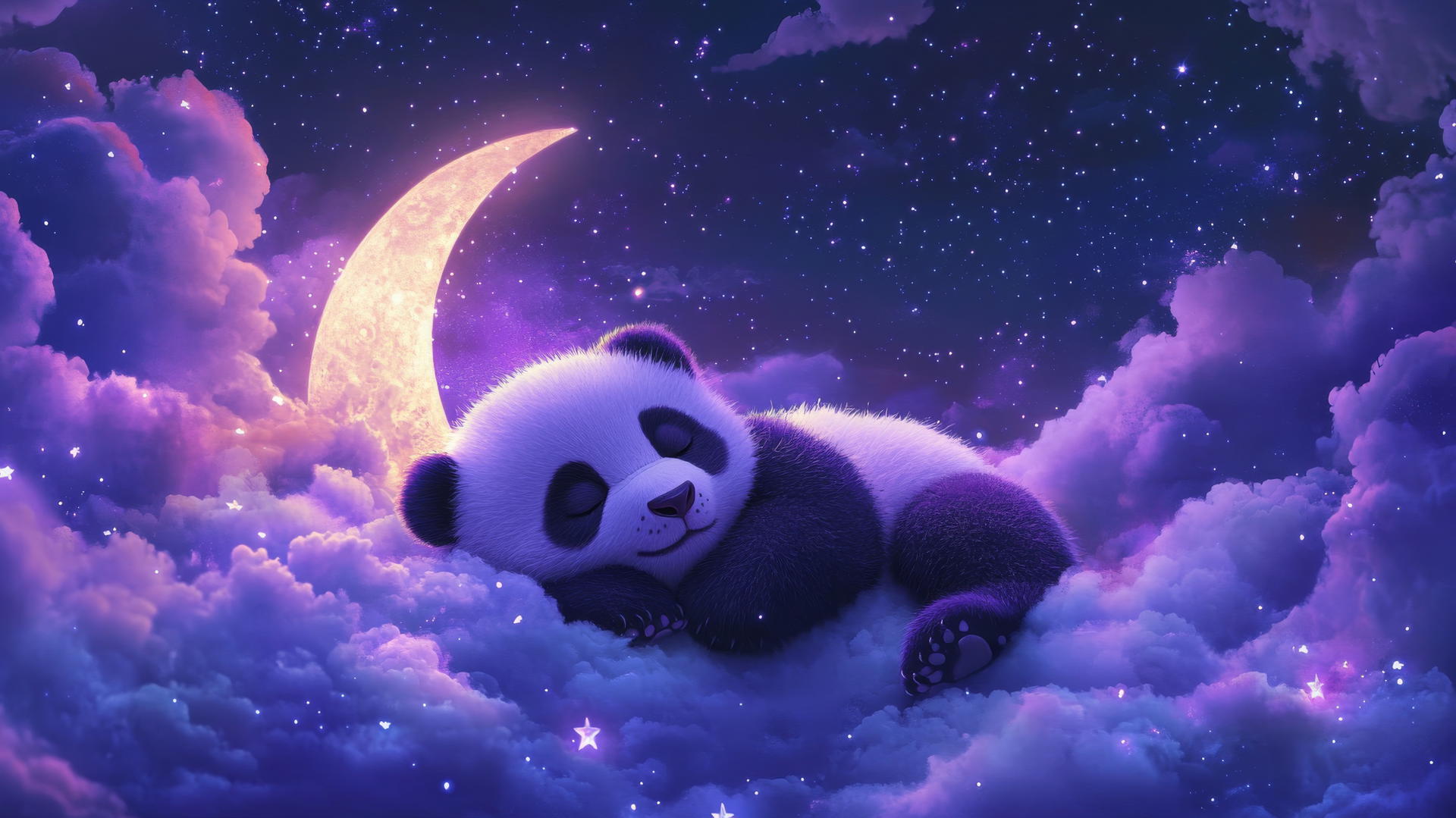 cute panda wallpaper 4k: Sleepy purple panda on a crescent moon with stars and pastel clouds