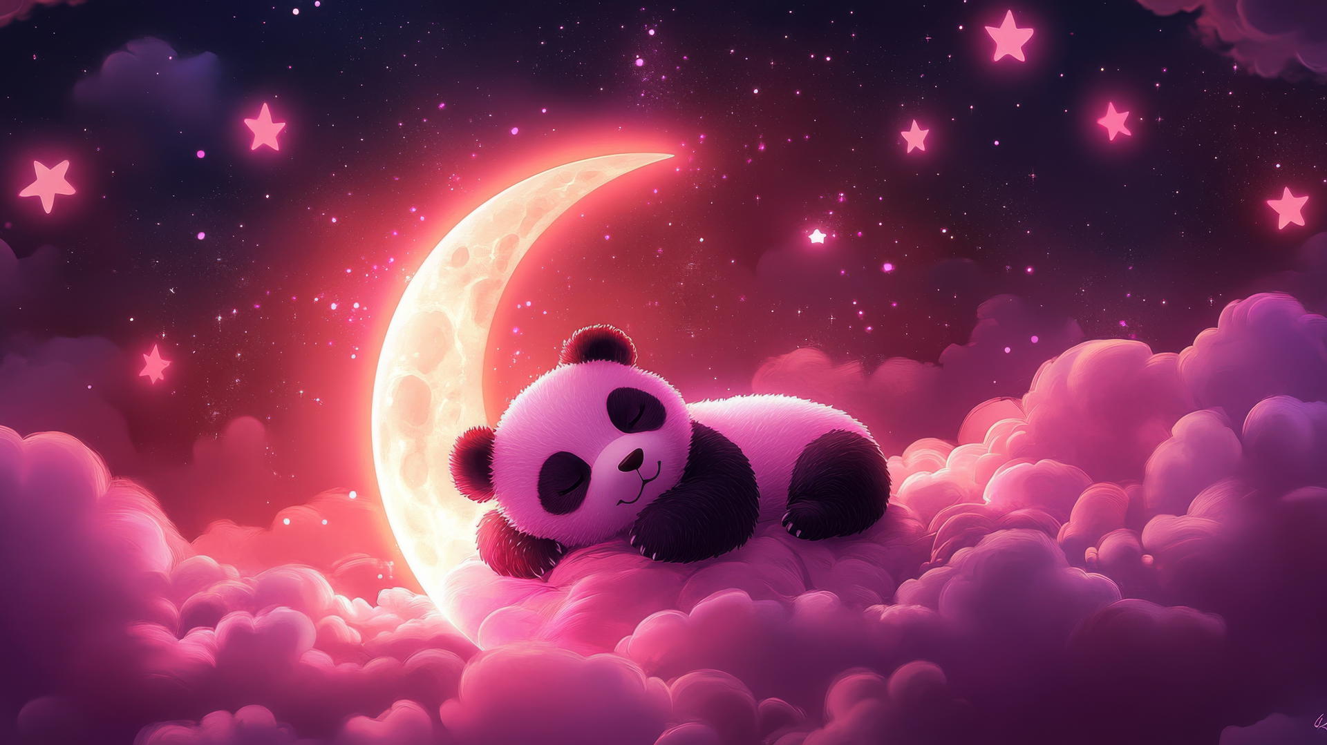 cute panda wallpaper 4k with a sleepy pink panda on a crescent moon