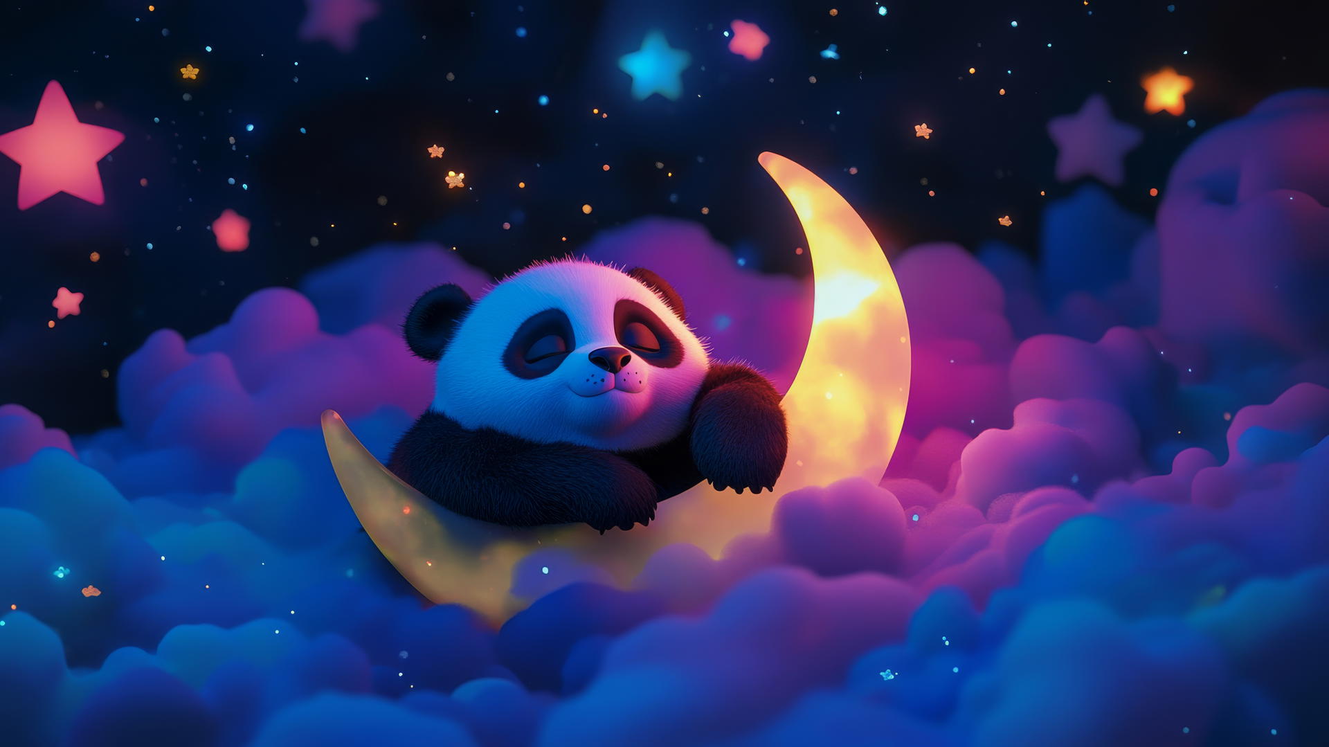 cute panda wallpaper 4k featuring a sleepy panda on a crescent moon with glowing stars