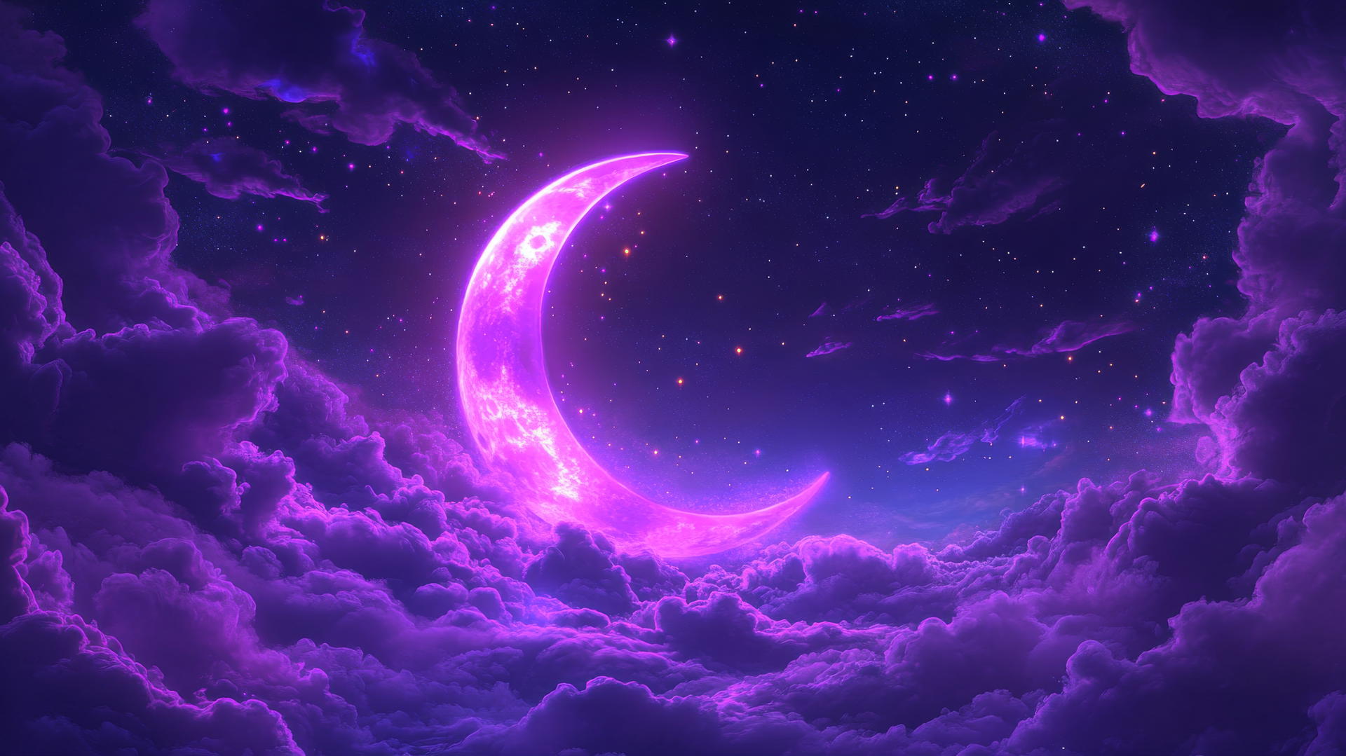 Neon purple aesthetic wallpaper with crescent moon and stars