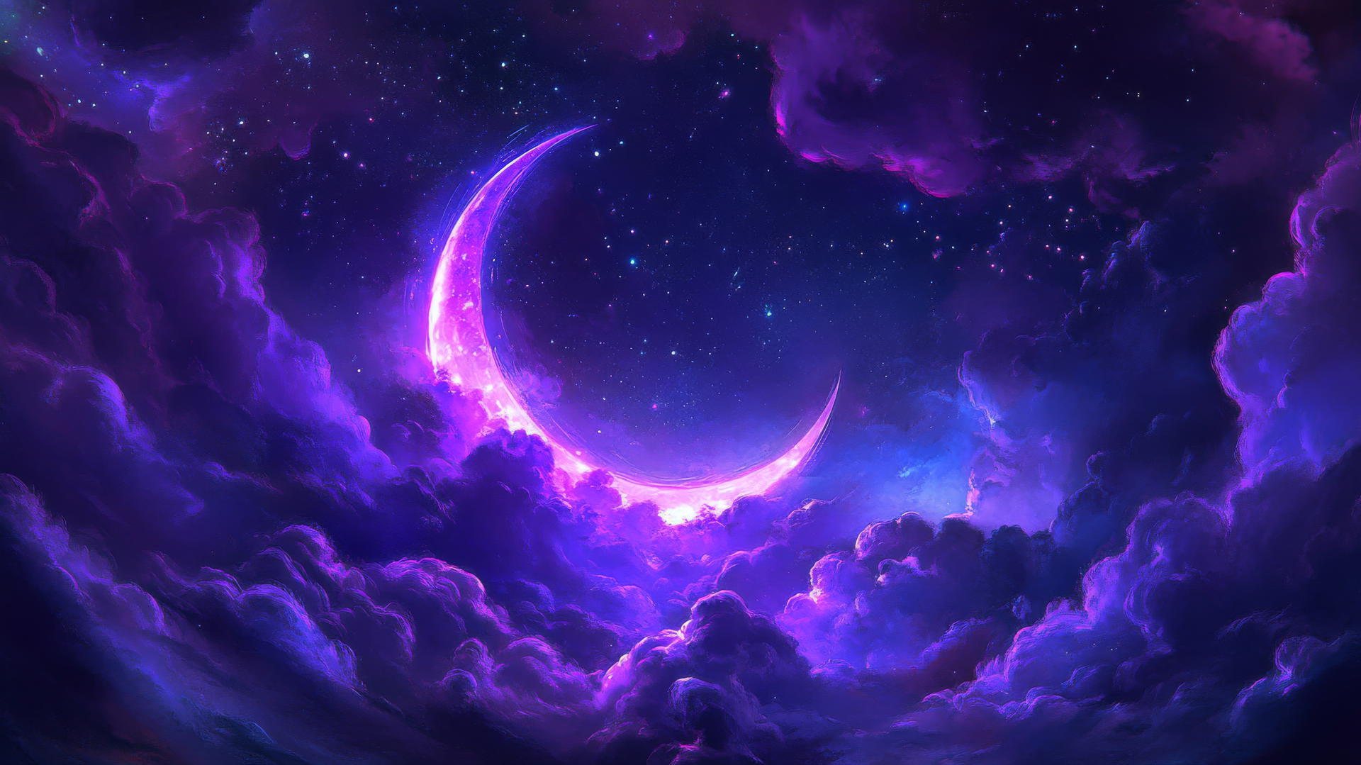 Neon purple aesthetic wallpaper with glowing crescent moon, stars, swirling clouds, and abstract light trails.