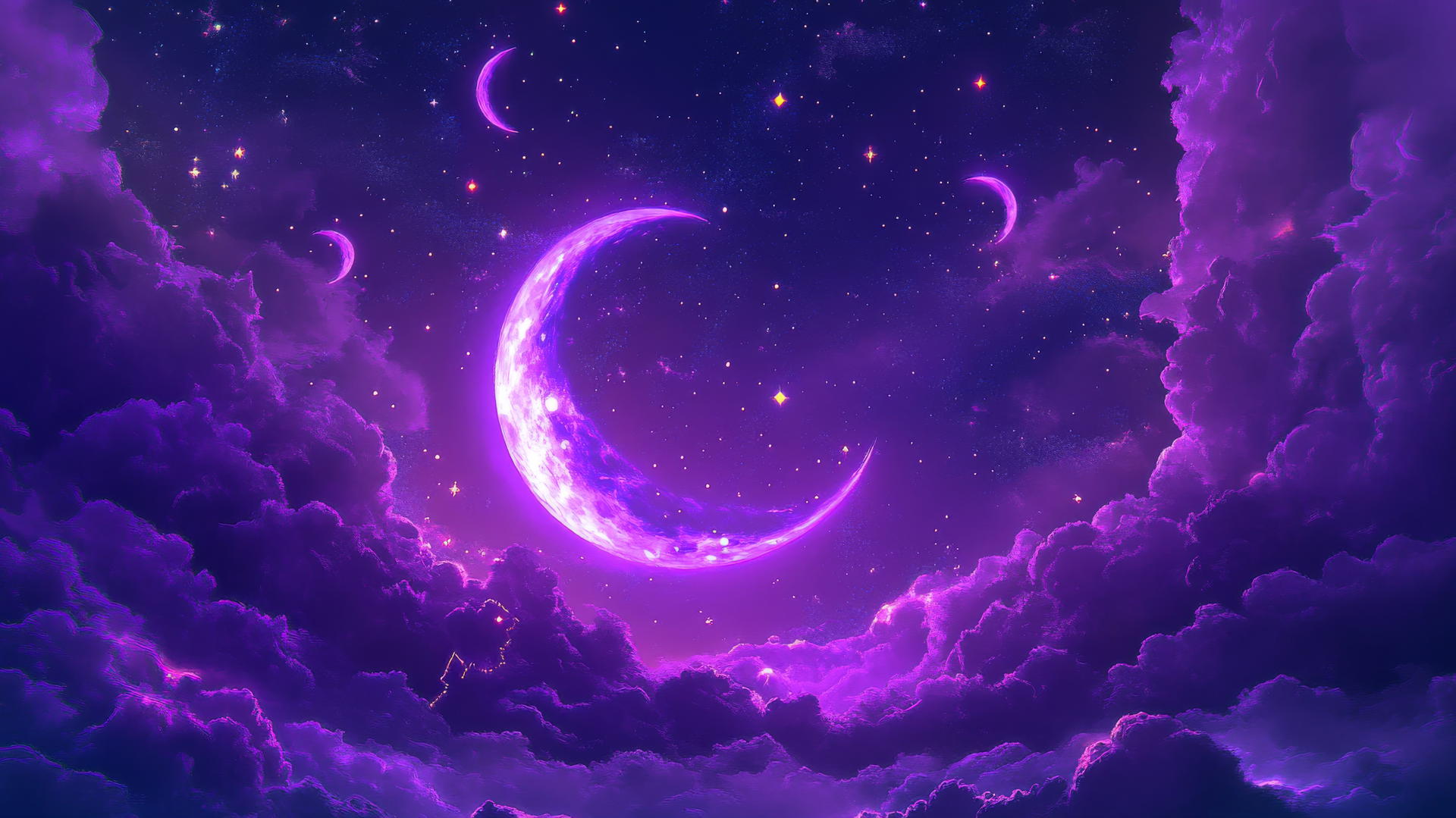 neon purple aesthetic wallpaper with glowing crescent moon, stars, and light trails