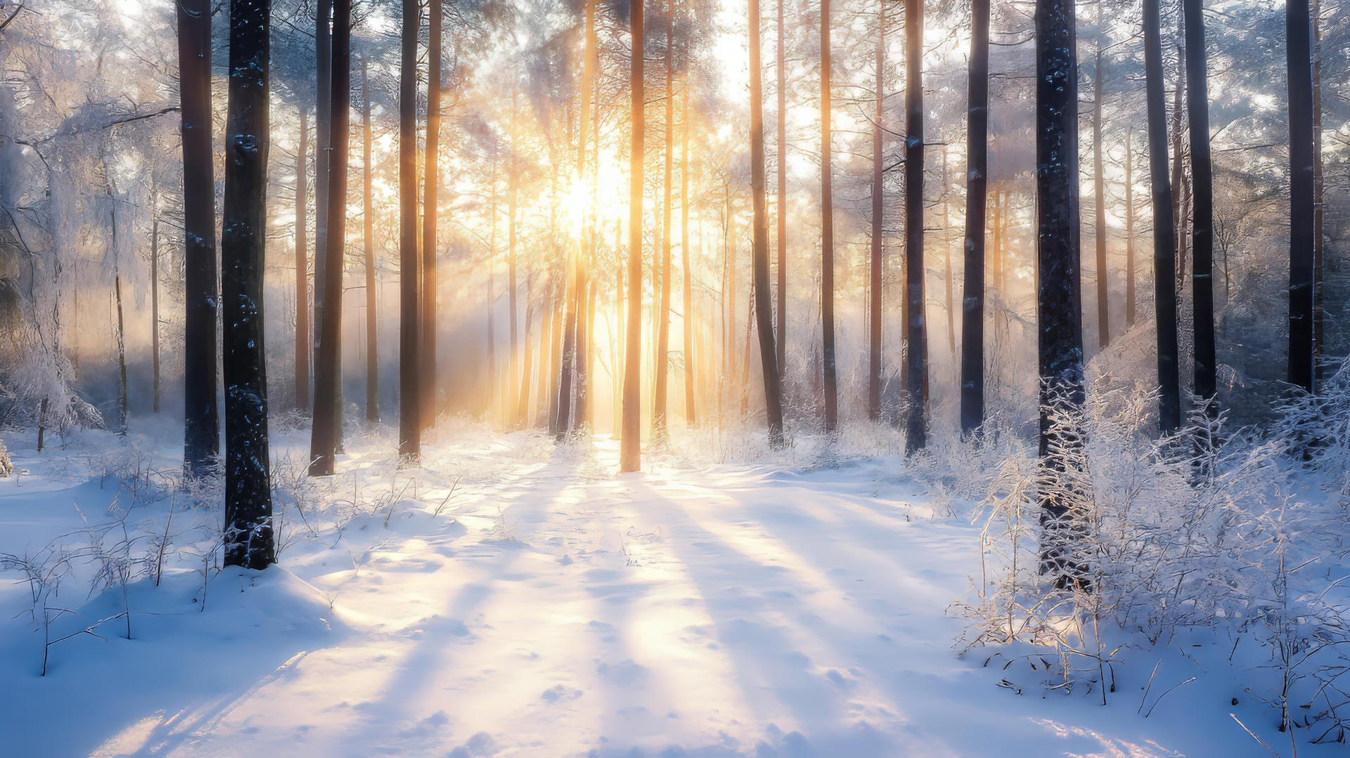 Winter wallpaper with a serene forest, fresh snow, and soft sunlight