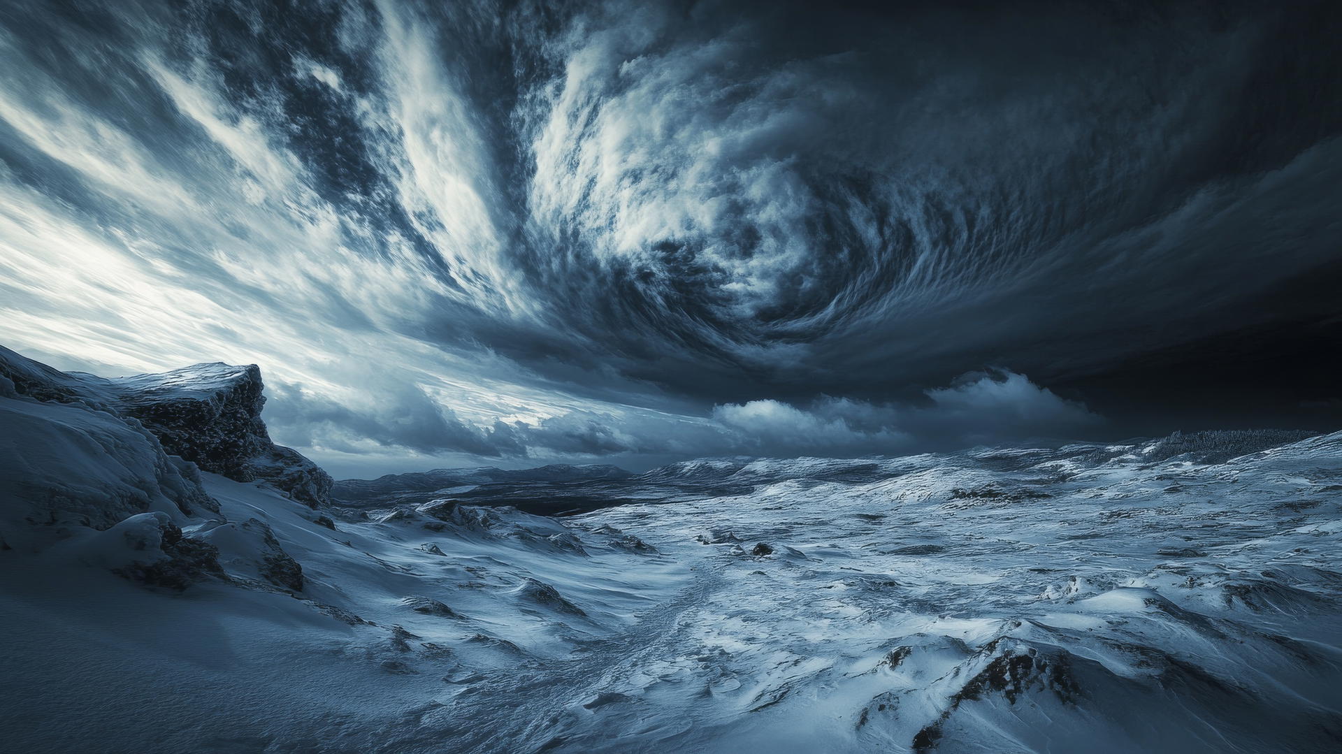 winter wallpaper with a dramatic storm, swirling snow, and dark clouds