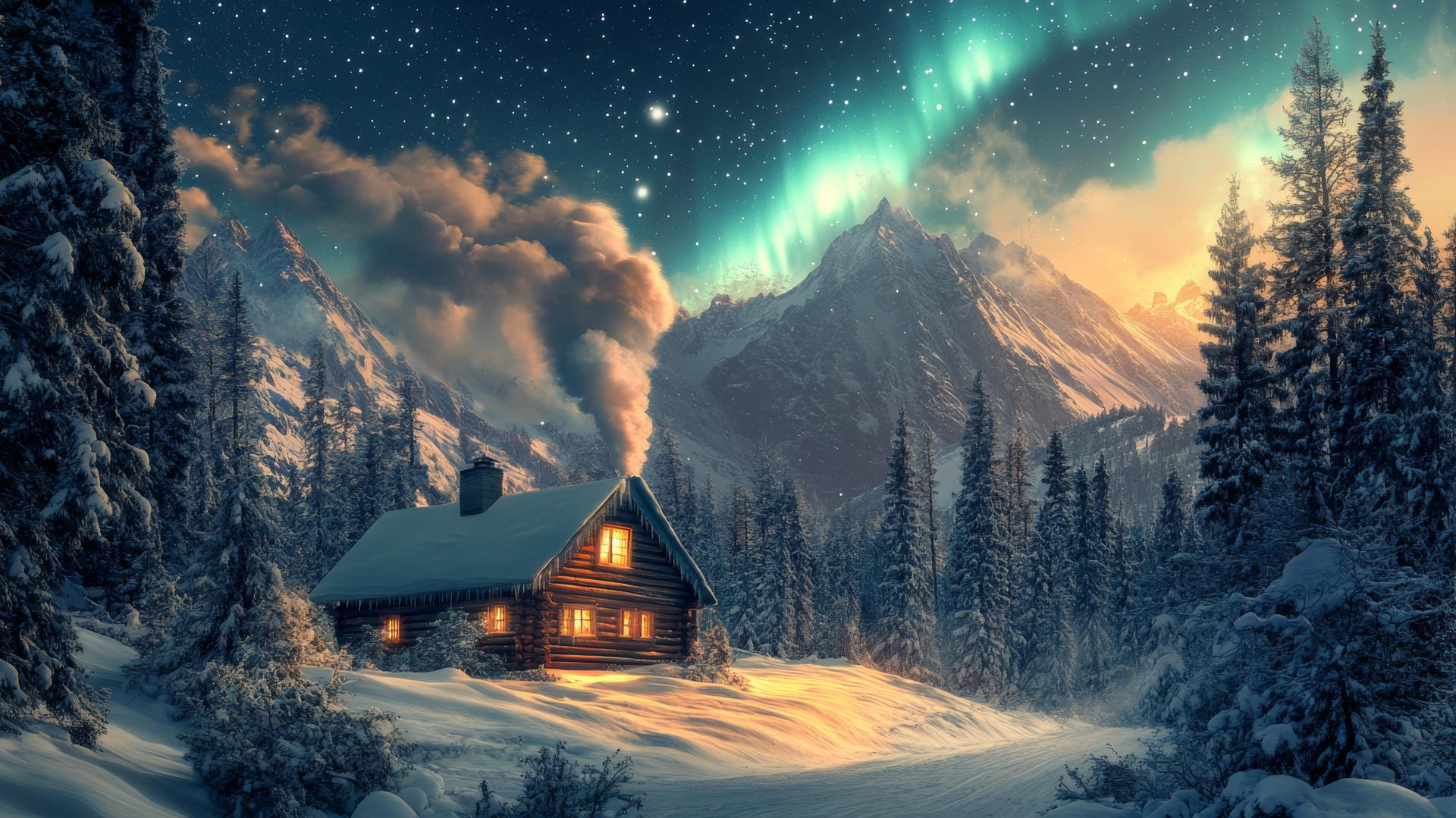 winter background wallpaper with snow-covered mountain cabin, chimney smoke, northern lights