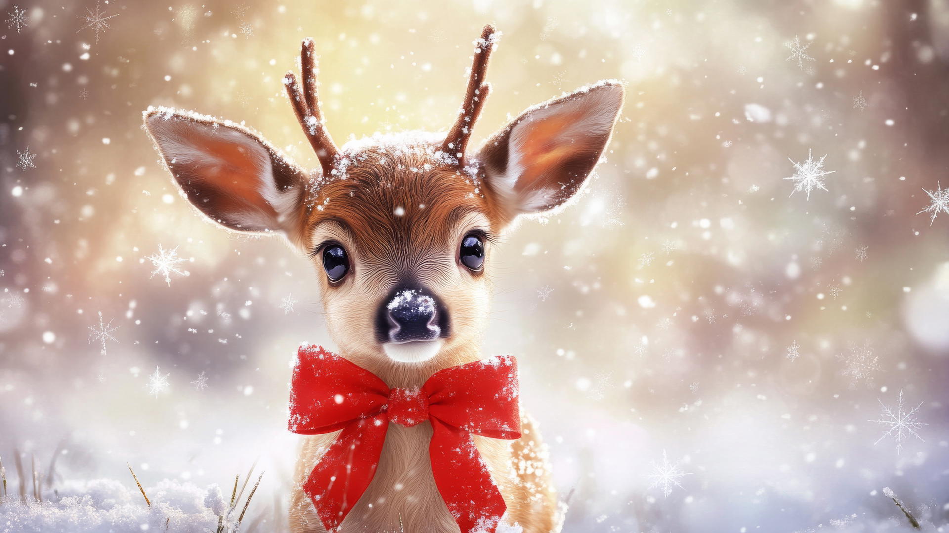 cute winter wallpaper with baby reindeer wearing a red bow in snowy field