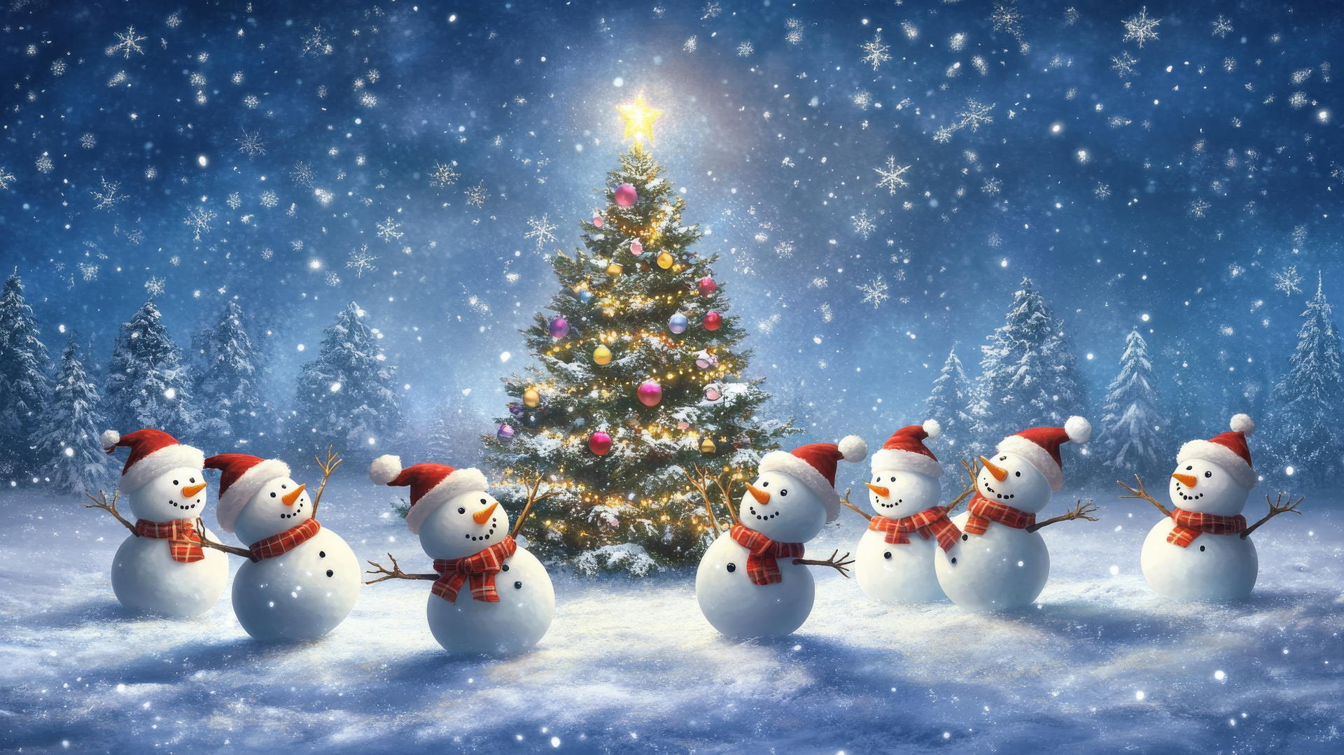 Cute winter wallpaper with chubby snowmen dancing around a decorated Christmas tree in a snow-covered meadow.